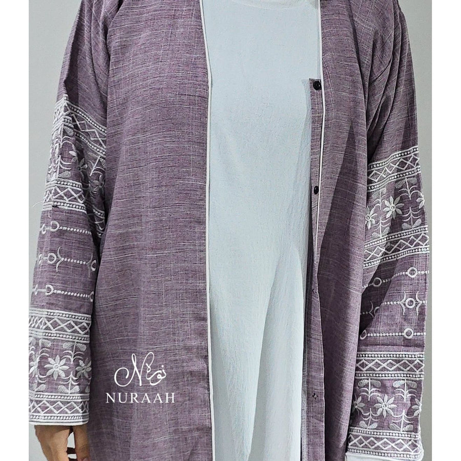 EMBROIDERED SLEEVE LINEN ABAYA LILAC