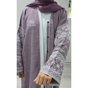 EMBROIDERED SLEEVE LINEN ABAYA LILAC
