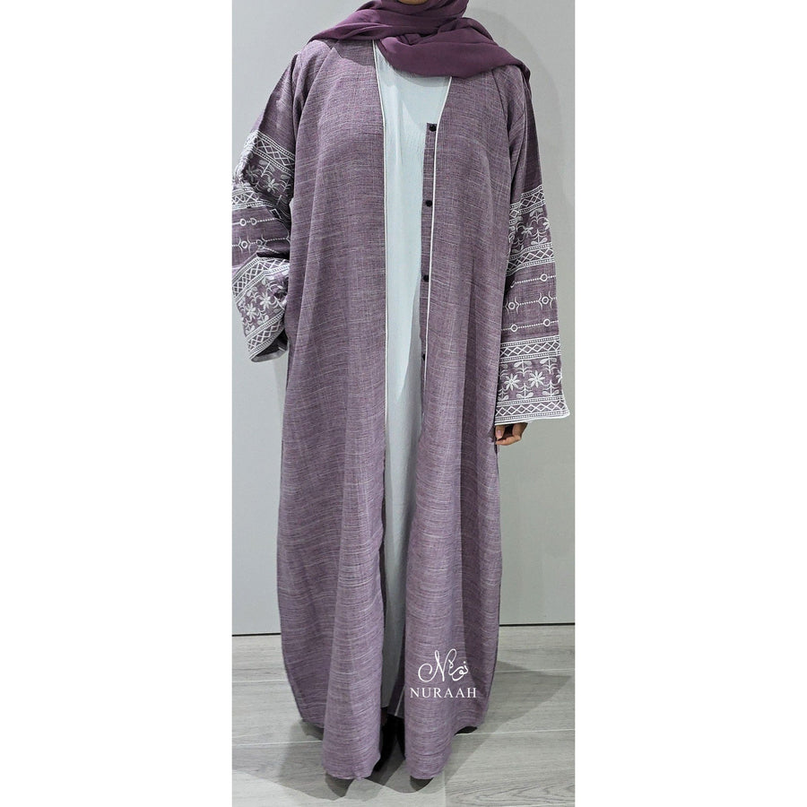 EMBROIDERED SLEEVE LINEN ABAYA LILAC
