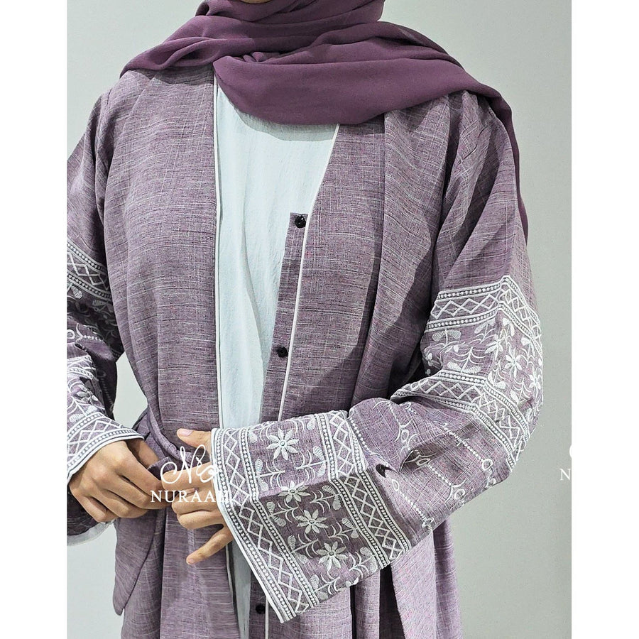 EMBROIDERED SLEEVE LINEN ABAYA LILAC