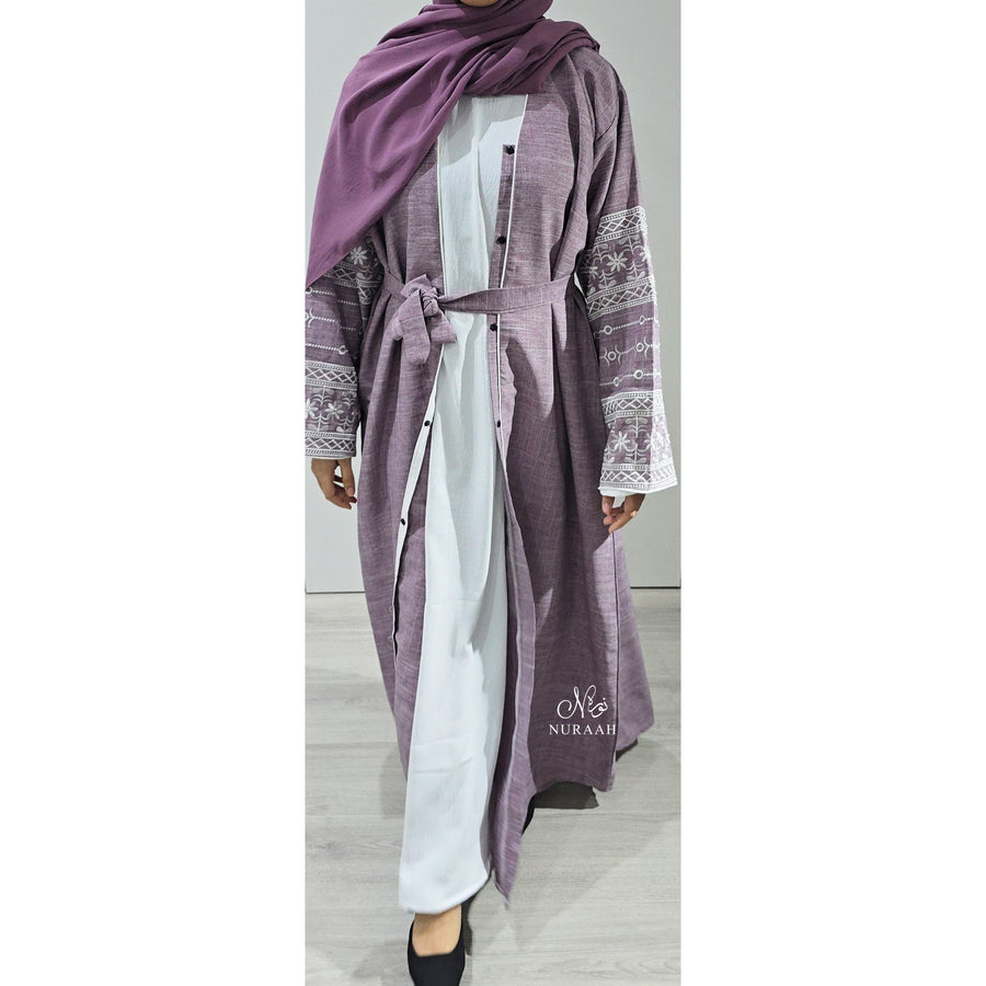 EMBROIDERED SLEEVE LINEN ABAYA LILAC