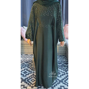 MISHA BATWING EMBELLISHED ABAYA FOREST GREEN