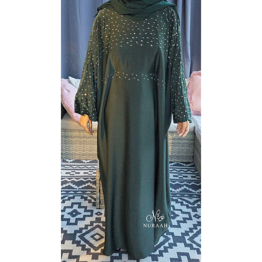 MISHA BATWING EMBELLISHED ABAYA FOREST GREEN