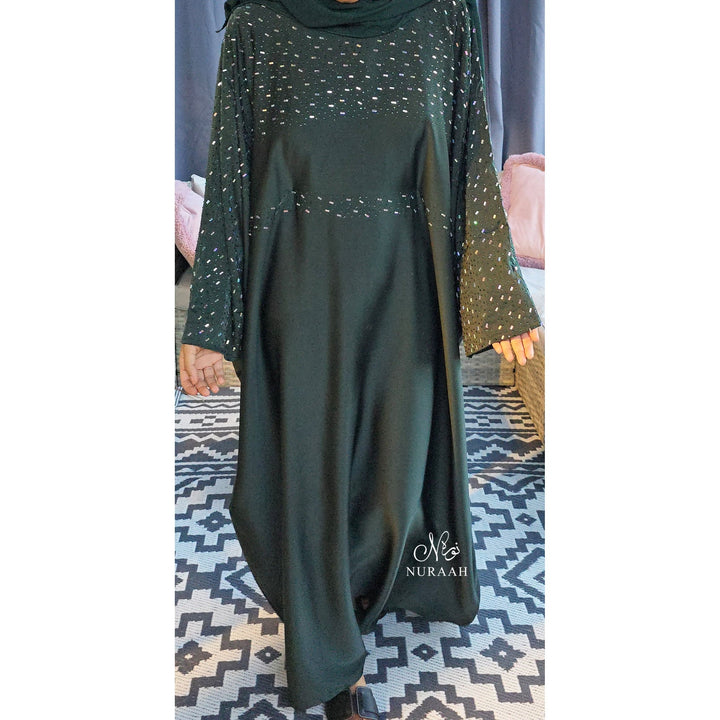 MISHA BATWING EMBELLISHED ABAYA FOREST GREEN