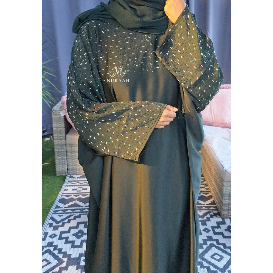 MISHA BATWING EMBELLISHED ABAYA FOREST GREEN
