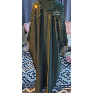 MISHA BATWING EMBELLISHED ABAYA FOREST GREEN