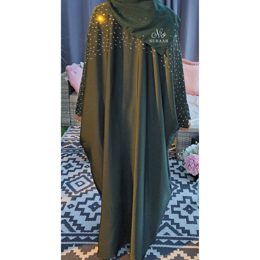 MISHA BATWING EMBELLISHED ABAYA FOREST GREEN