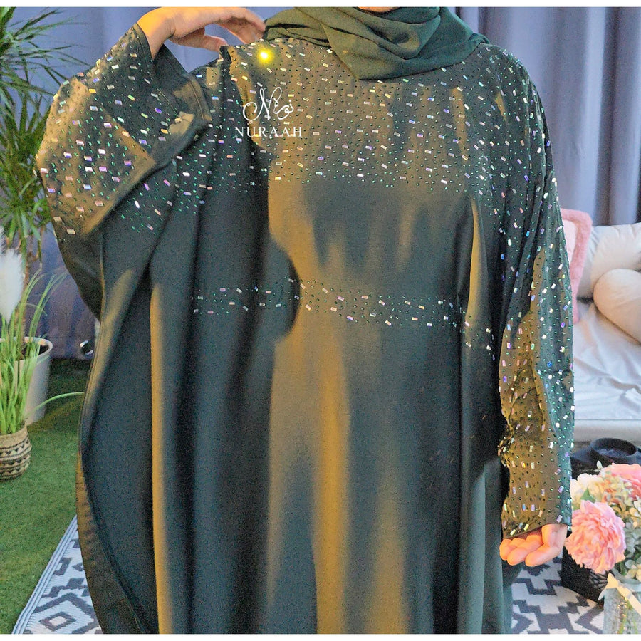 MISHA BATWING EMBELLISHED ABAYA FOREST GREEN