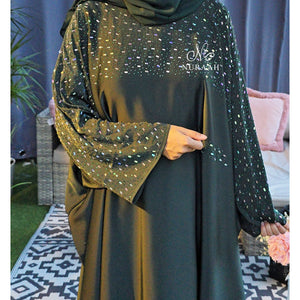 MISHA BATWING EMBELLISHED ABAYA FOREST GREEN