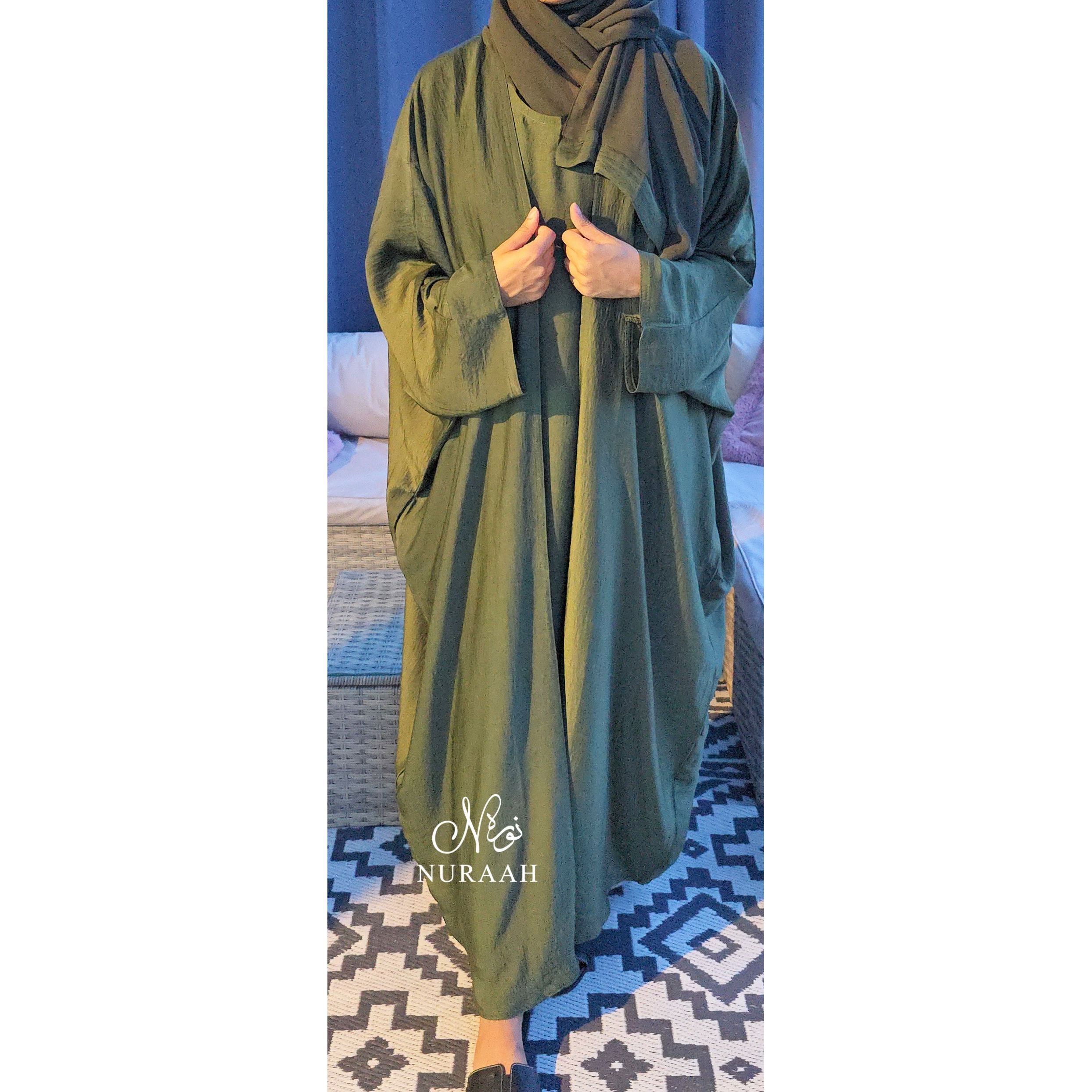 DUA 3 PIECE BATWING ABAYA SET FOREST GREEN 05