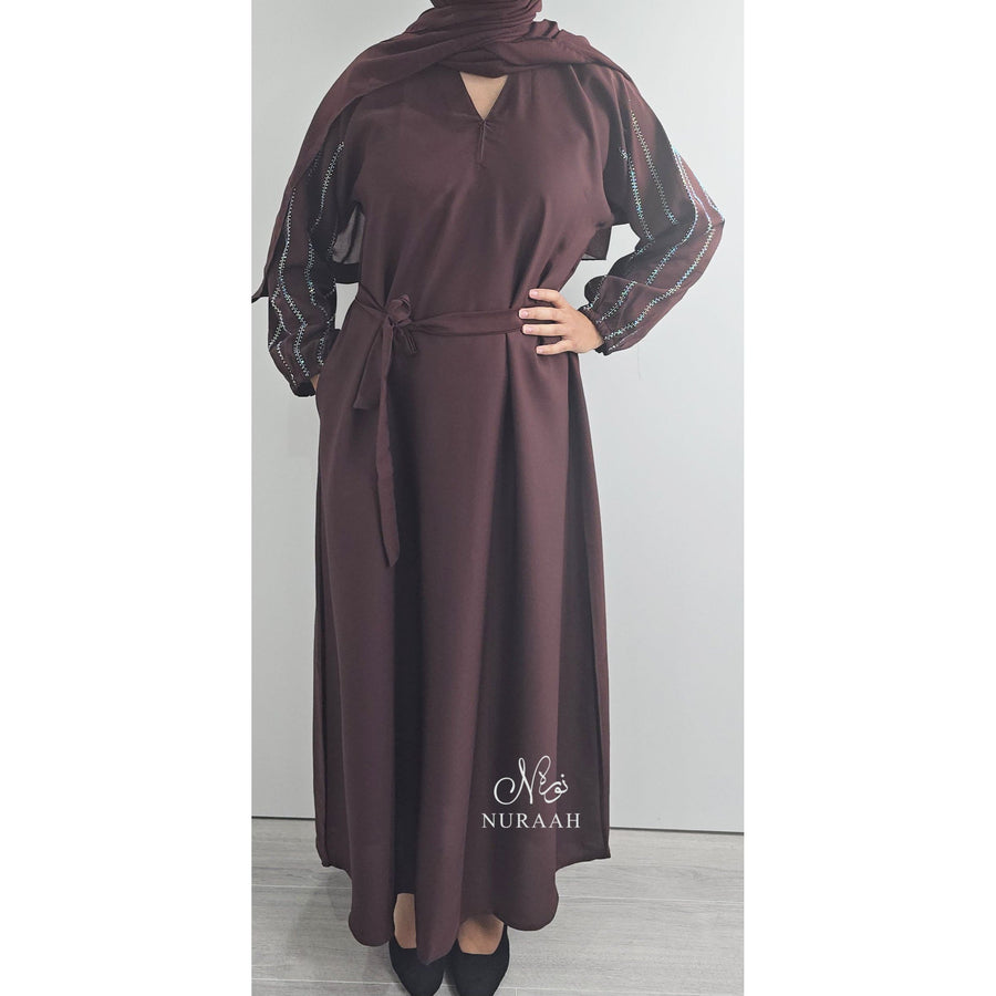 DINA EMBELLISHED SLEEVE ABAYA BROWN