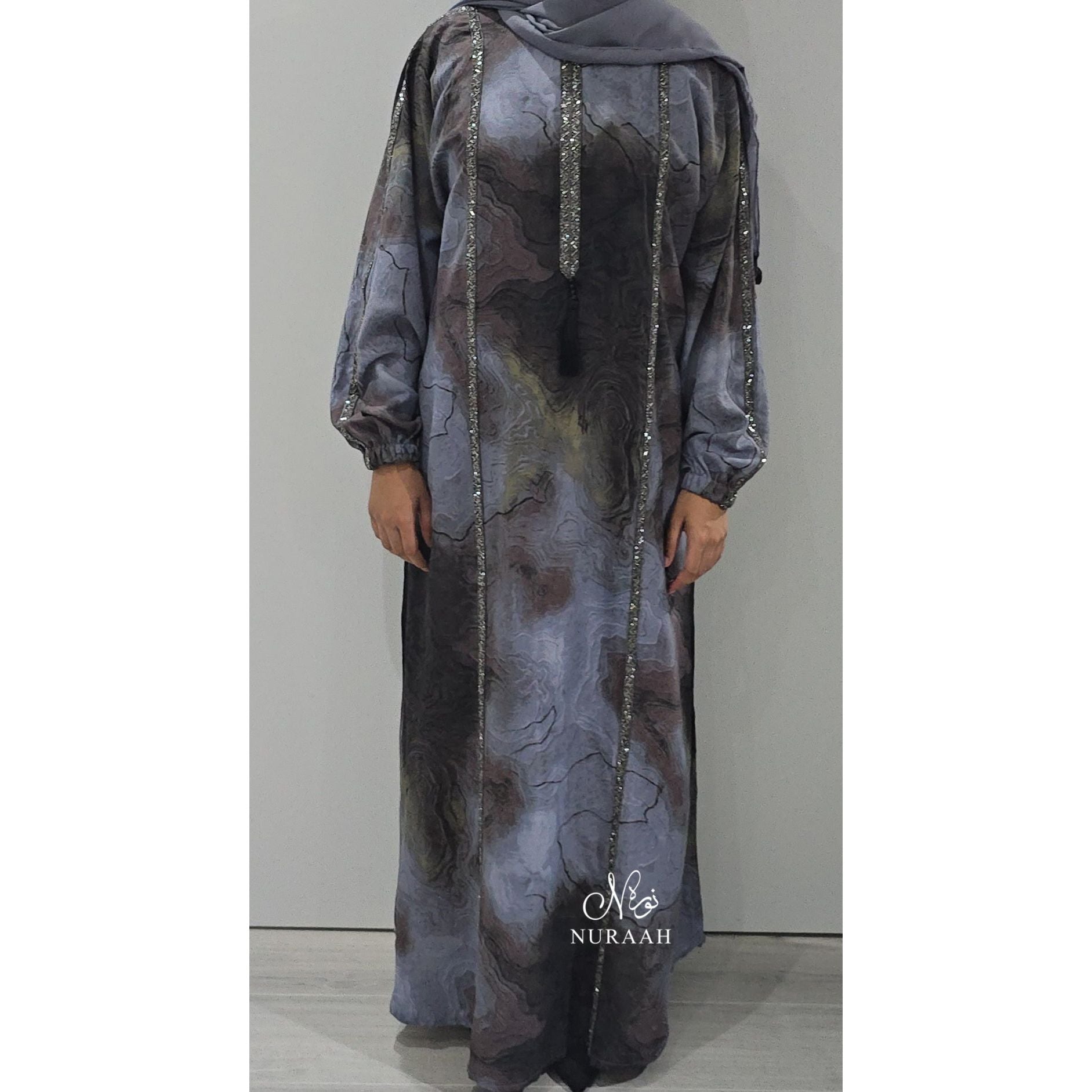 EMBELLISHED MARBLE PRINT BATWING/FARASHA ABAYA GREY
