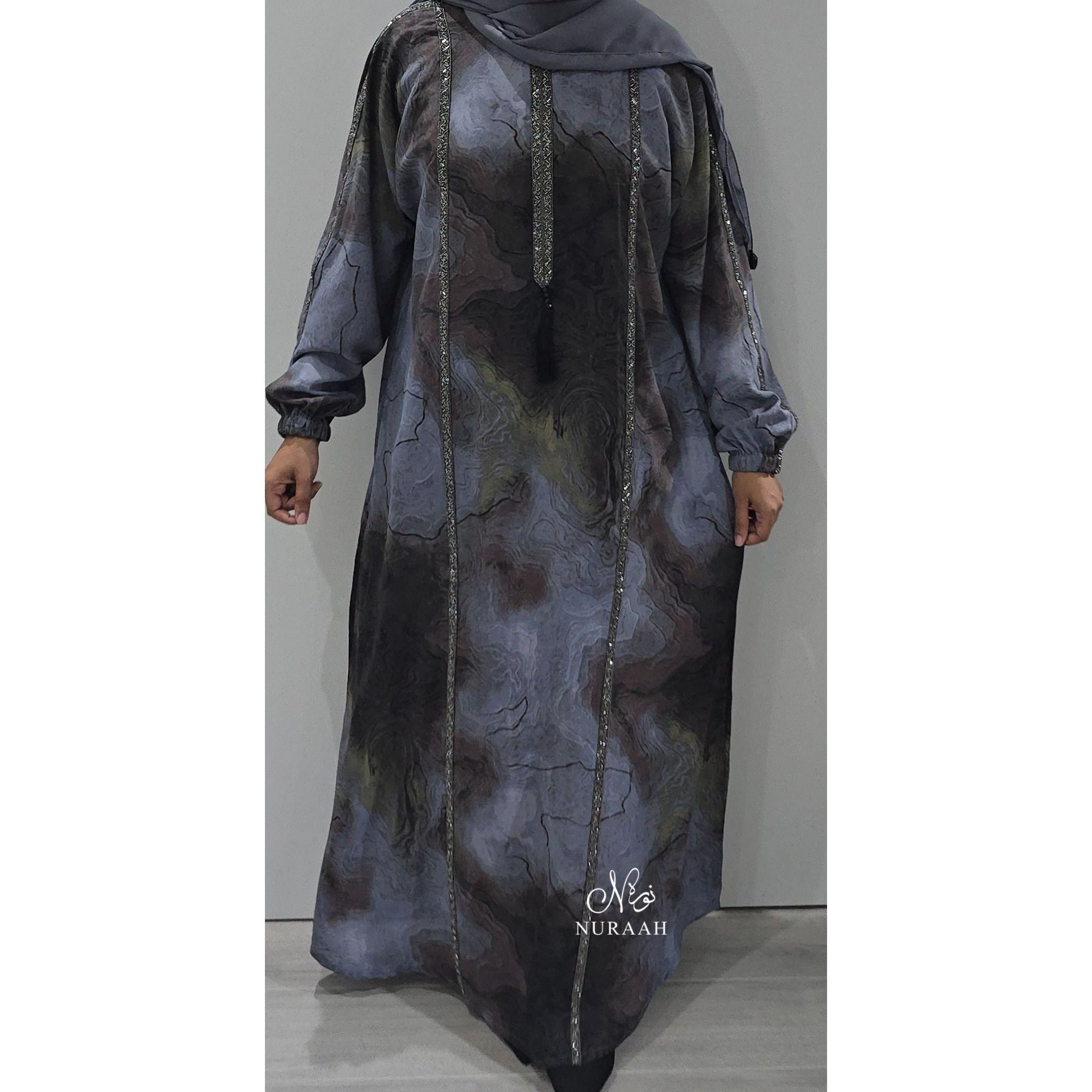 EMBELLISHED MARBLE PRINT BATWING/FARASHA ABAYA GREY