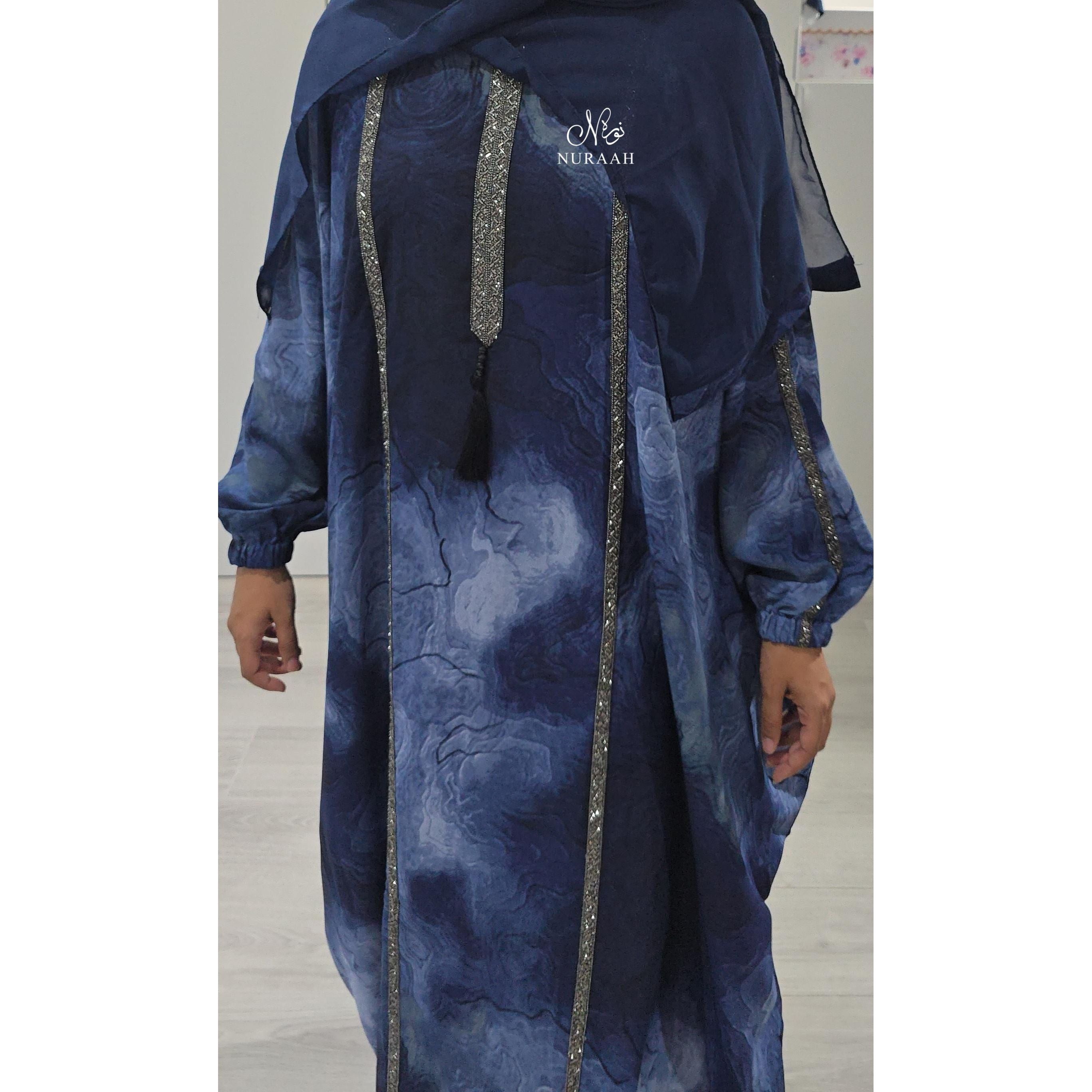 EMBELLISHED MARBLE PRINT BATWING/FARASHA BLUE