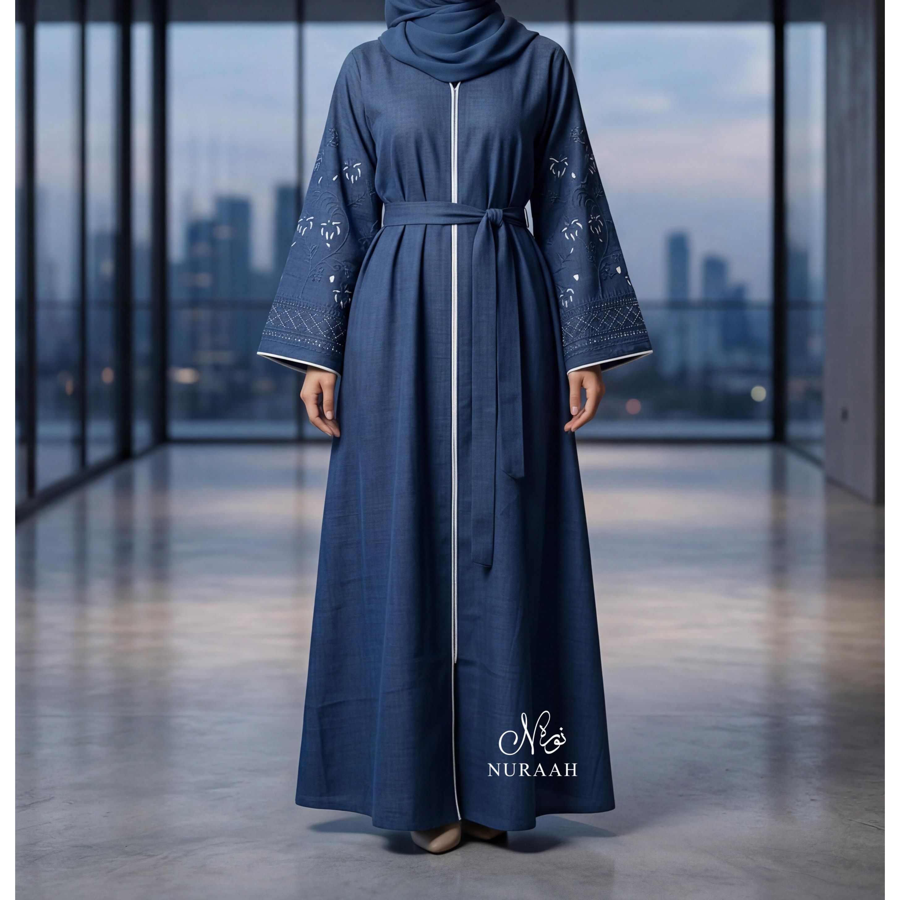 Mirha Linen Embroidered Sleeve Abaya (with scarf and belt) 01