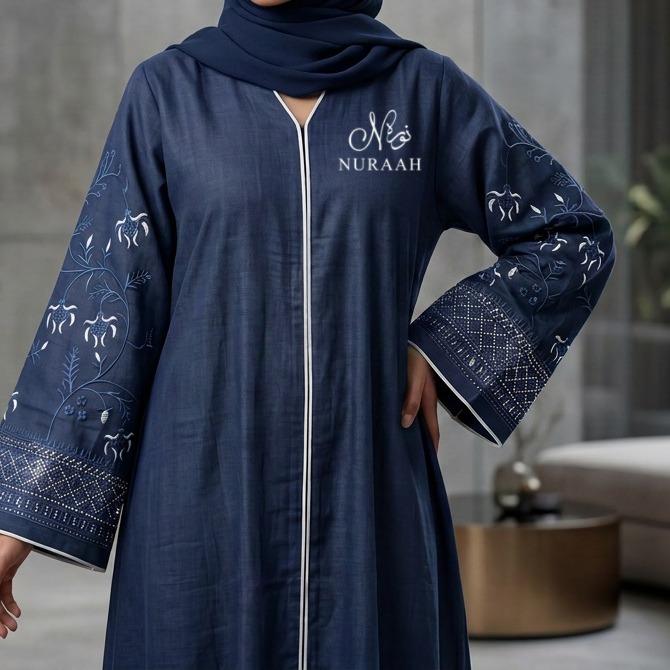 Mirha Linen Embroidered Sleeve Abaya (with scarf and belt) 01