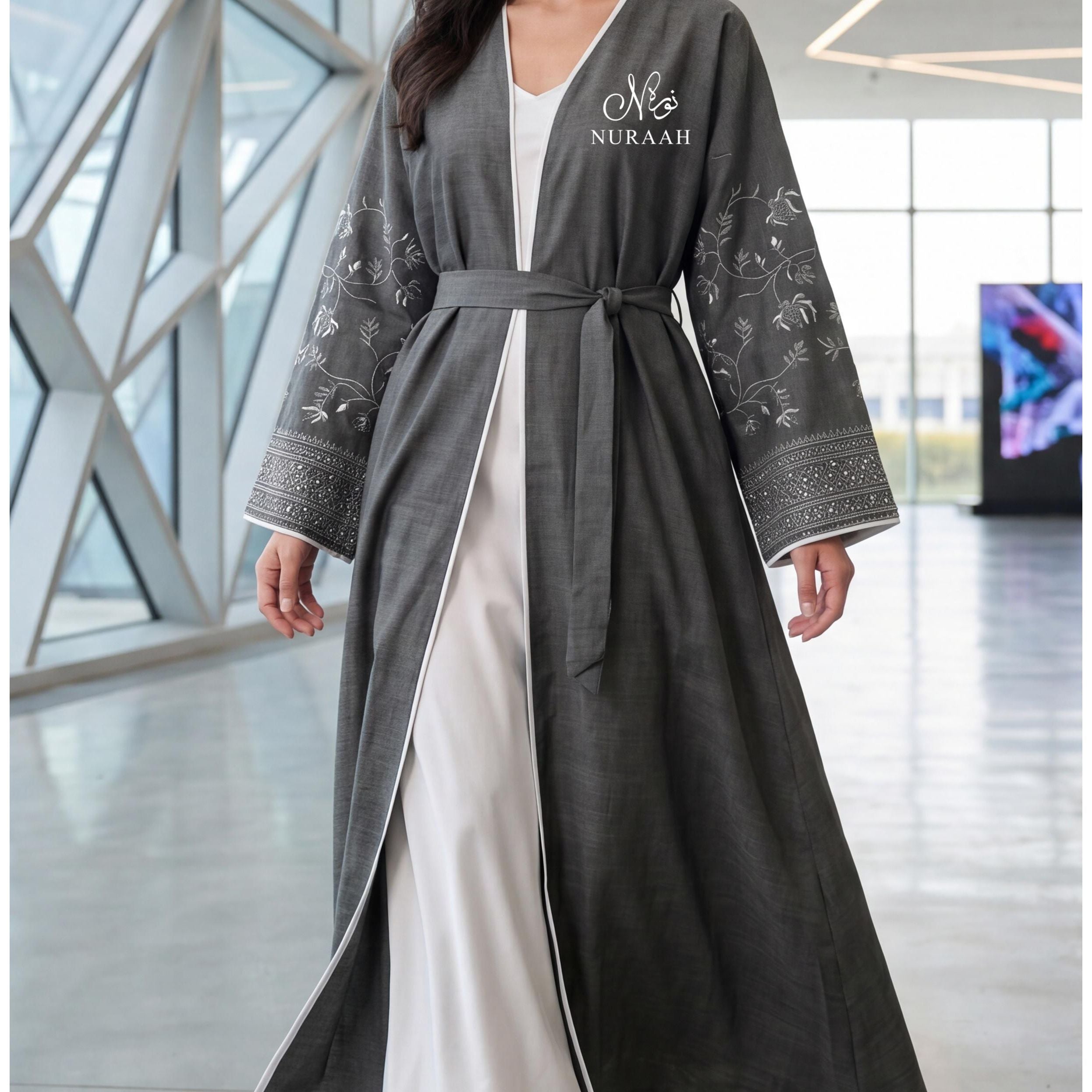Mirha Linen Embroidered Sleeve Abaya (with scarf and belt) 01
