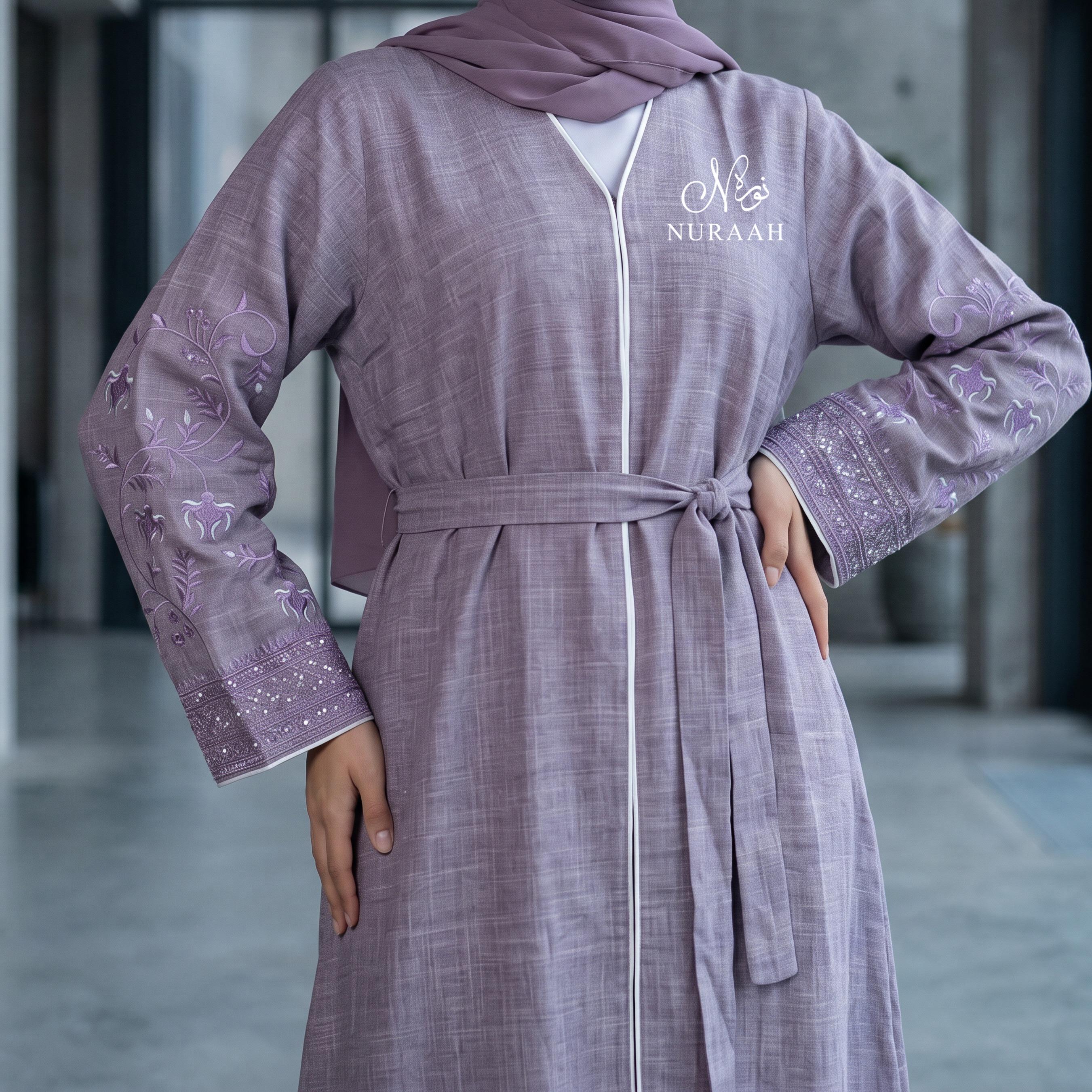Mirha Linen Embroidered Sleeve Abaya (with scarf and belt) 01