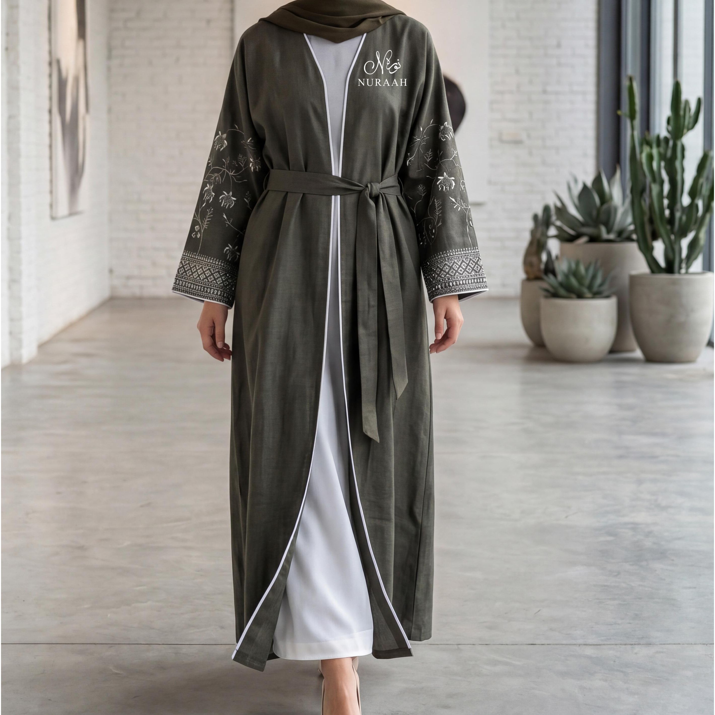 Mirha Linen Embroidered Sleeve Abaya (with scarf and belt) 01