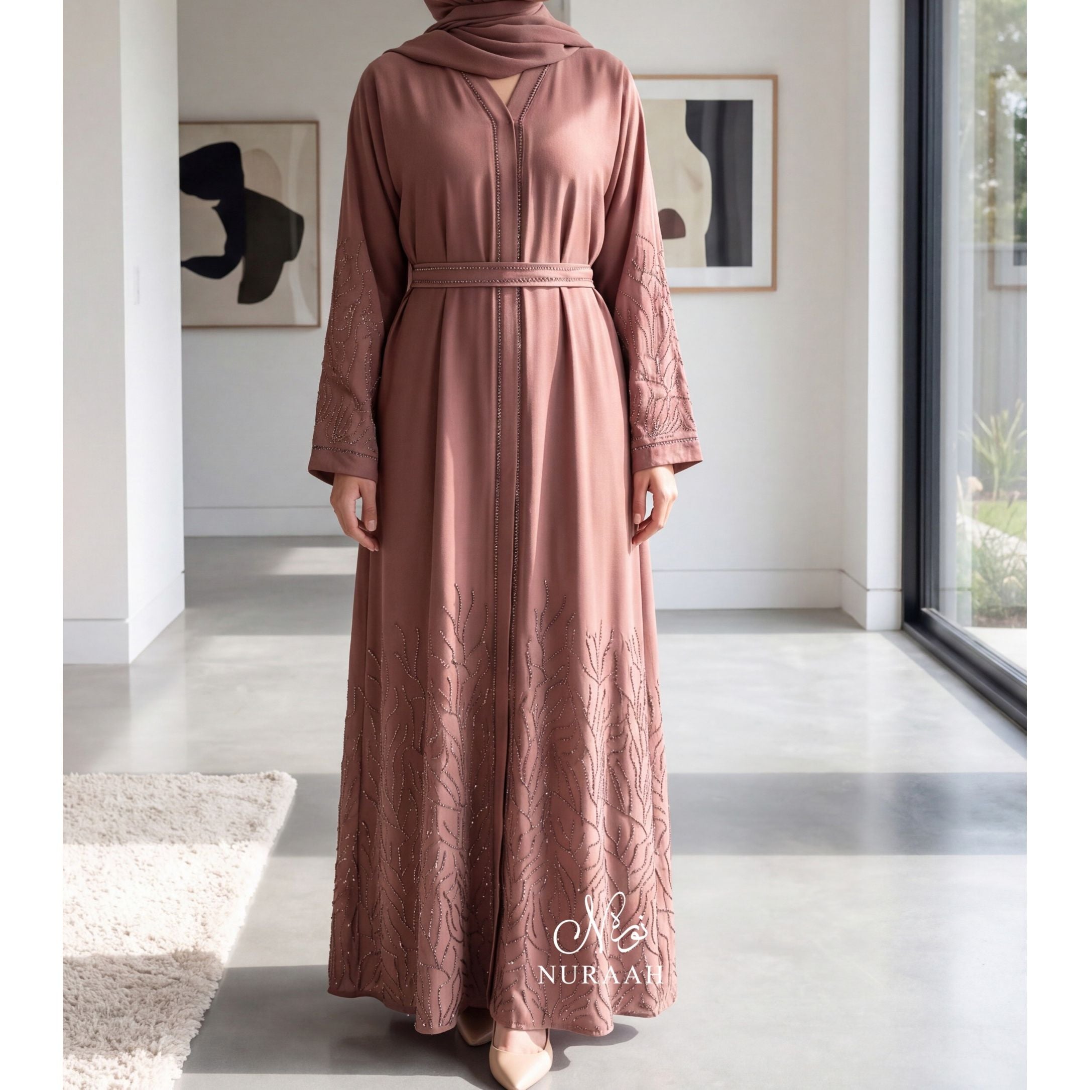 LAIBA EMBELLISHED CLOSED ABAYA (with scarf and belt) 03