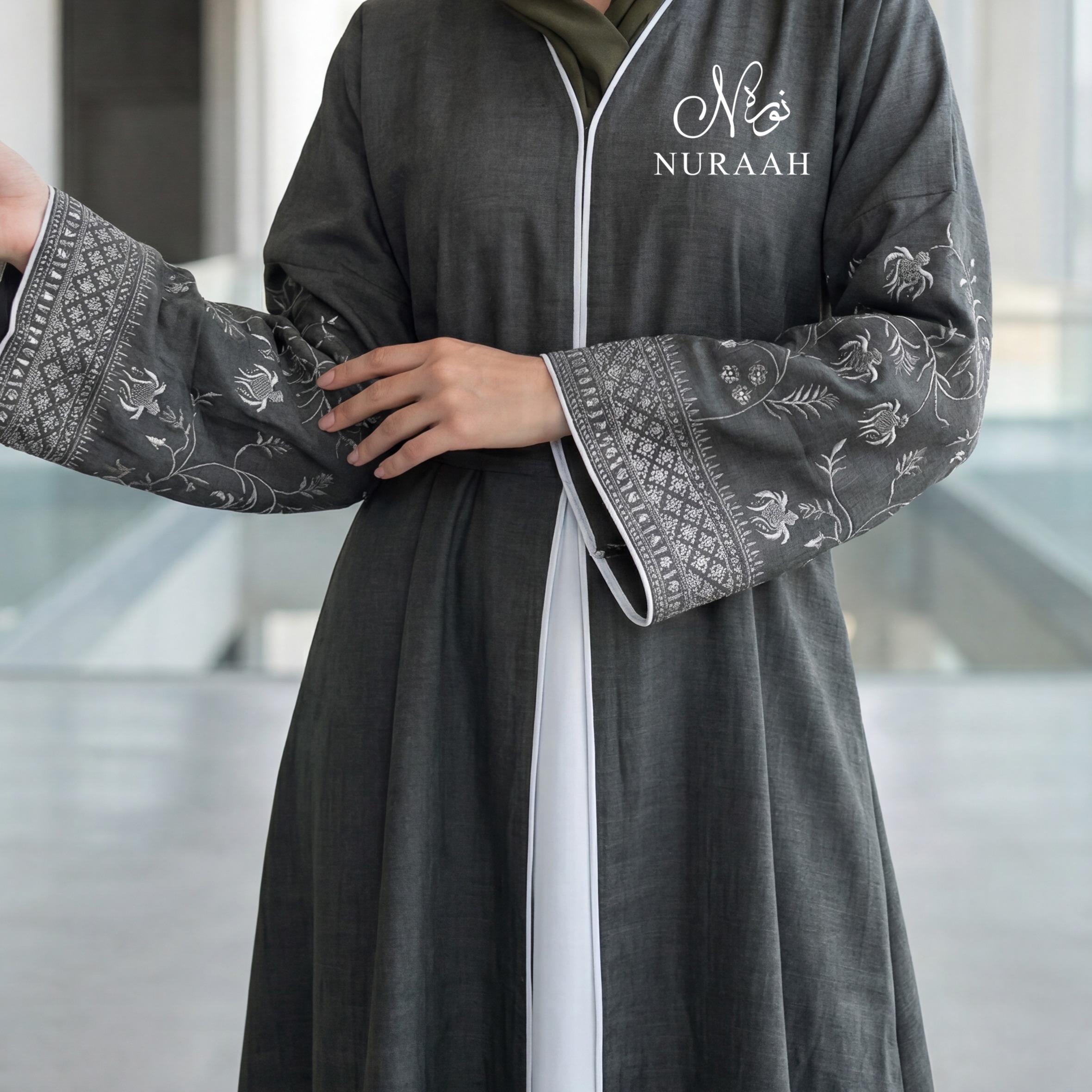 Mirha Linen Embroidered Sleeve Abaya (with scarf and belt) 01