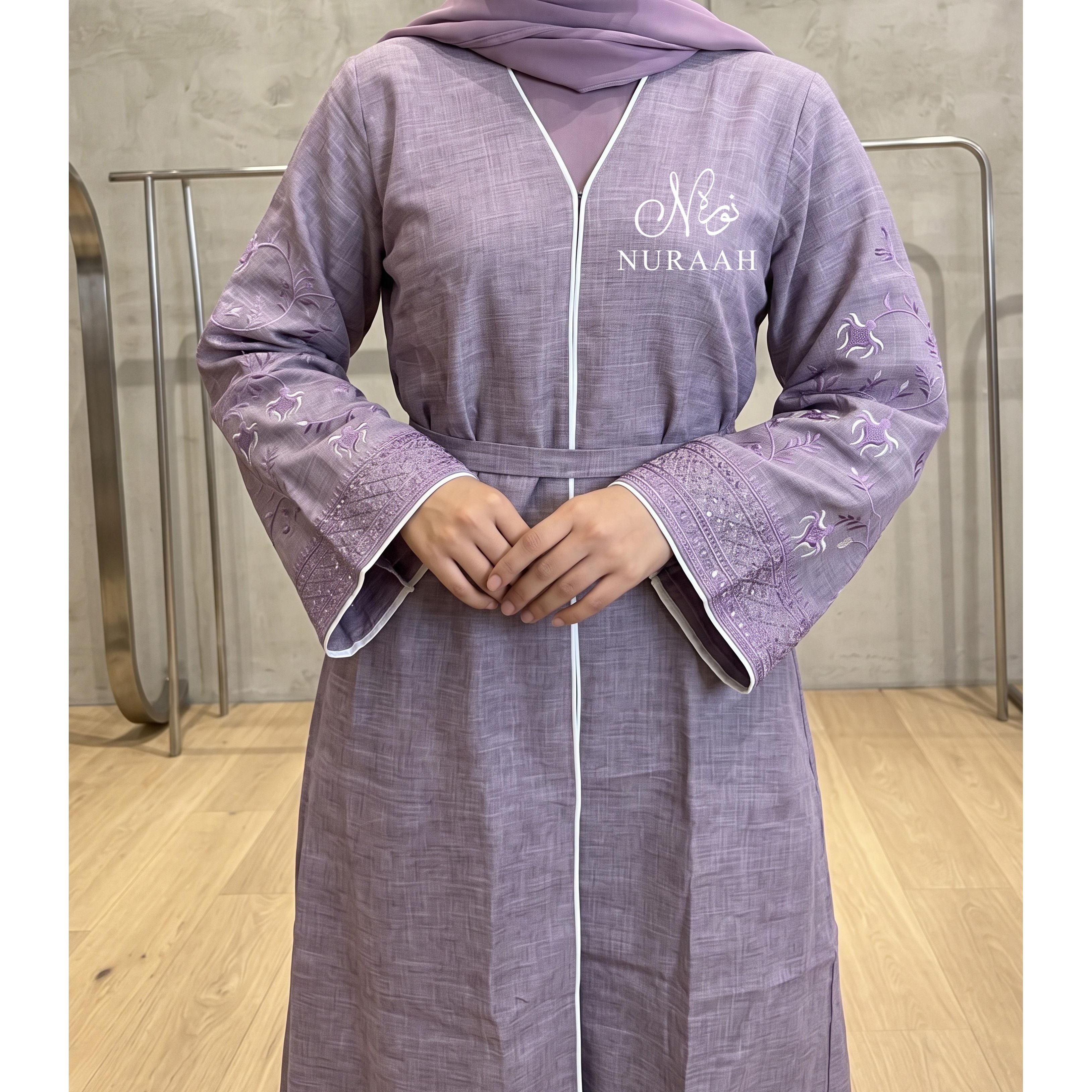 Mirha Linen Embroidered Sleeve Abaya (with scarf and belt) 01