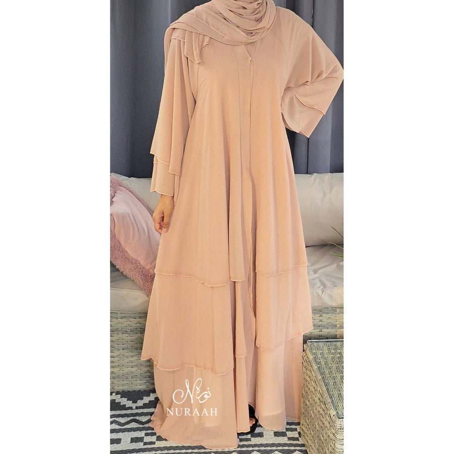 CHIFFON LAYERED OPEN FRONT ABAYA WITH HIJAB AND BELT APRICOT - NURAAH