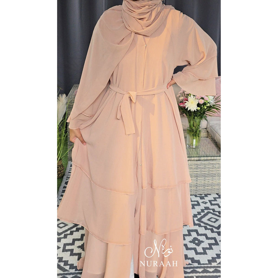 CHIFFON LAYERED OPEN FRONT ABAYA WITH HIJAB AND BELT APRICOT - NURAAH