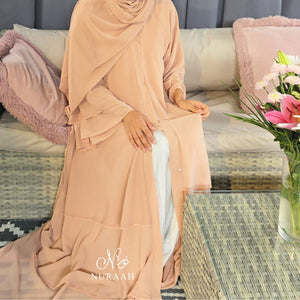 CHIFFON LAYERED OPEN FRONT ABAYA WITH HIJAB AND BELT APRICOT - NURAAH