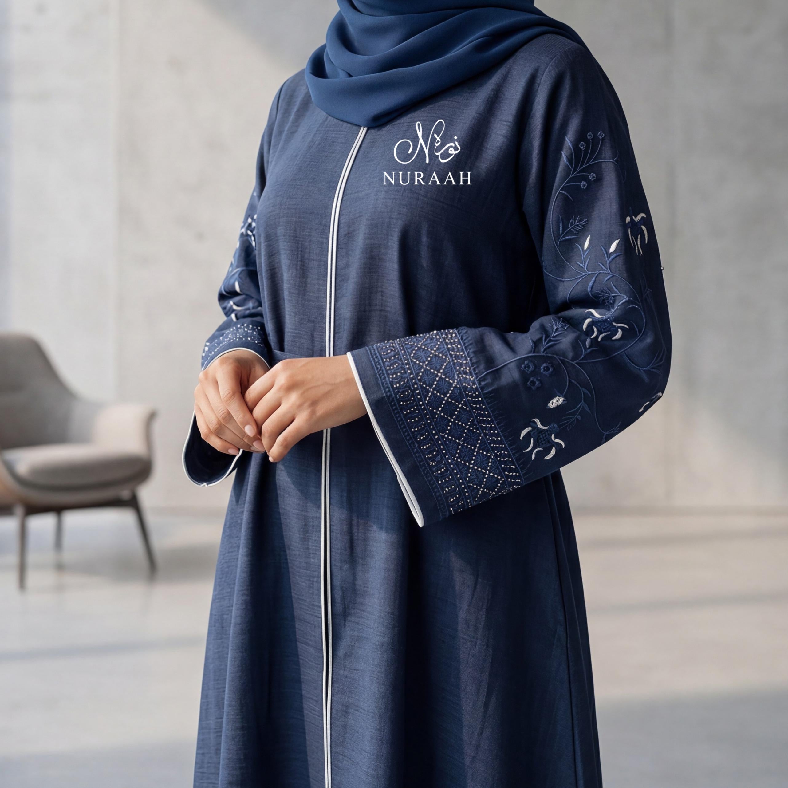 Mirha Linen Embroidered Sleeve Abaya (with scarf and belt) 01