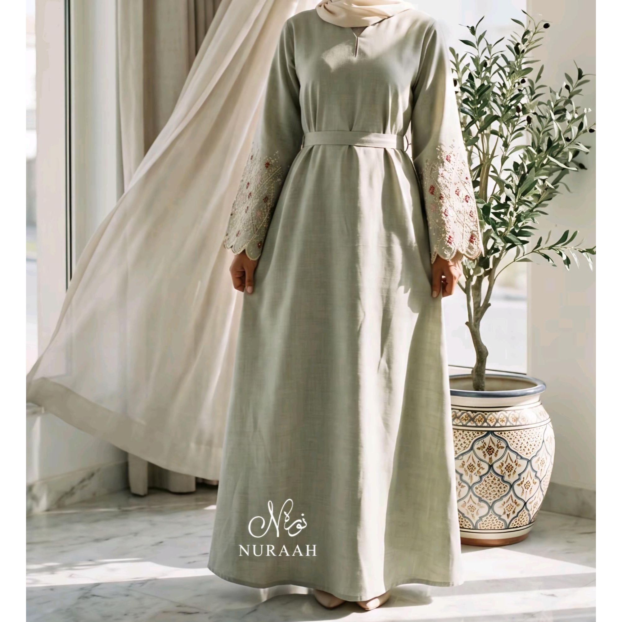 Embroidery CutWork Abaya (with scarf and belt) 02