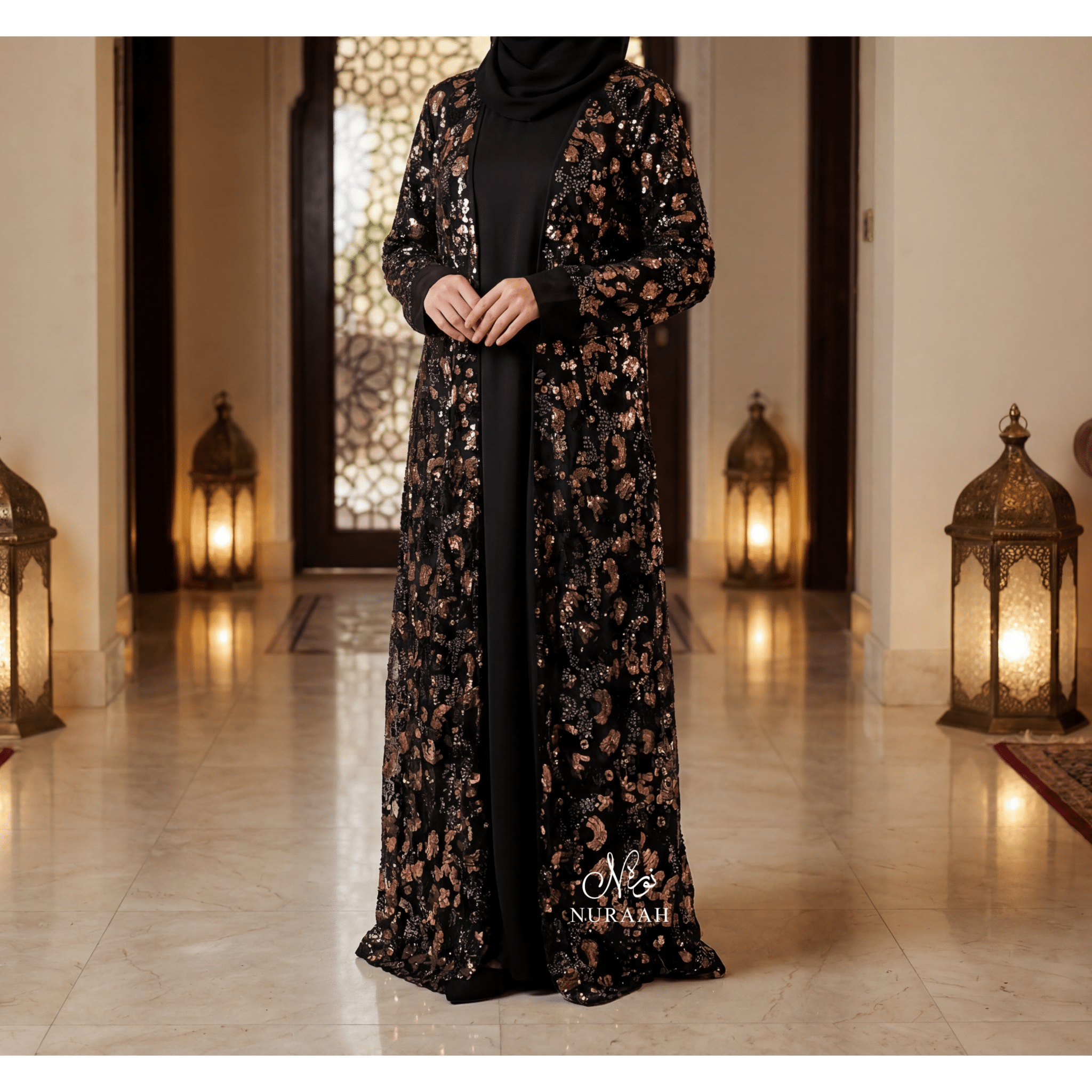 HIBA EMBELLISHED NET LACE ABAYA SET BLACK 04 - NURAAH