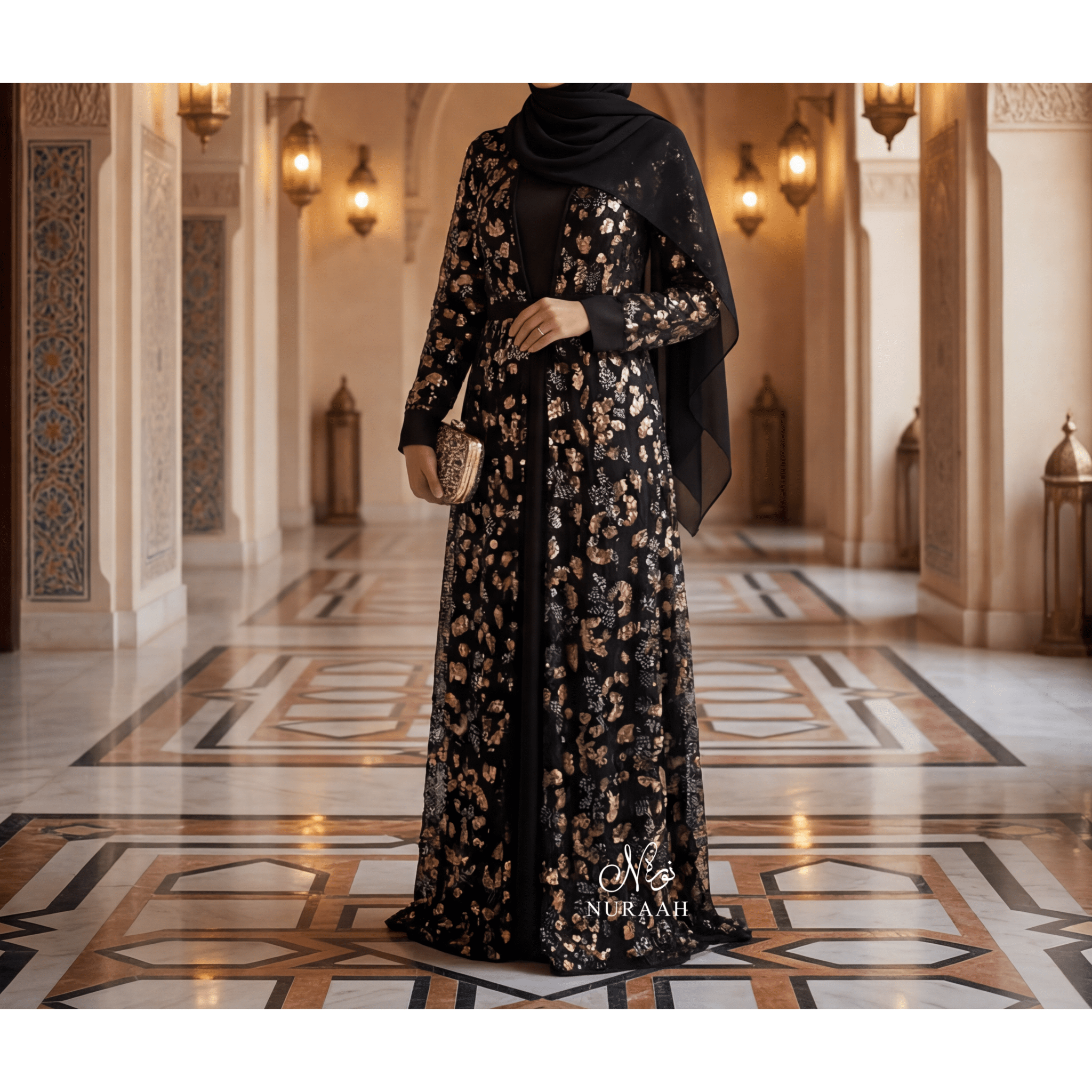 HIBA EMBELLISHED NET LACE ABAYA SET BLACK 04 - NURAAH