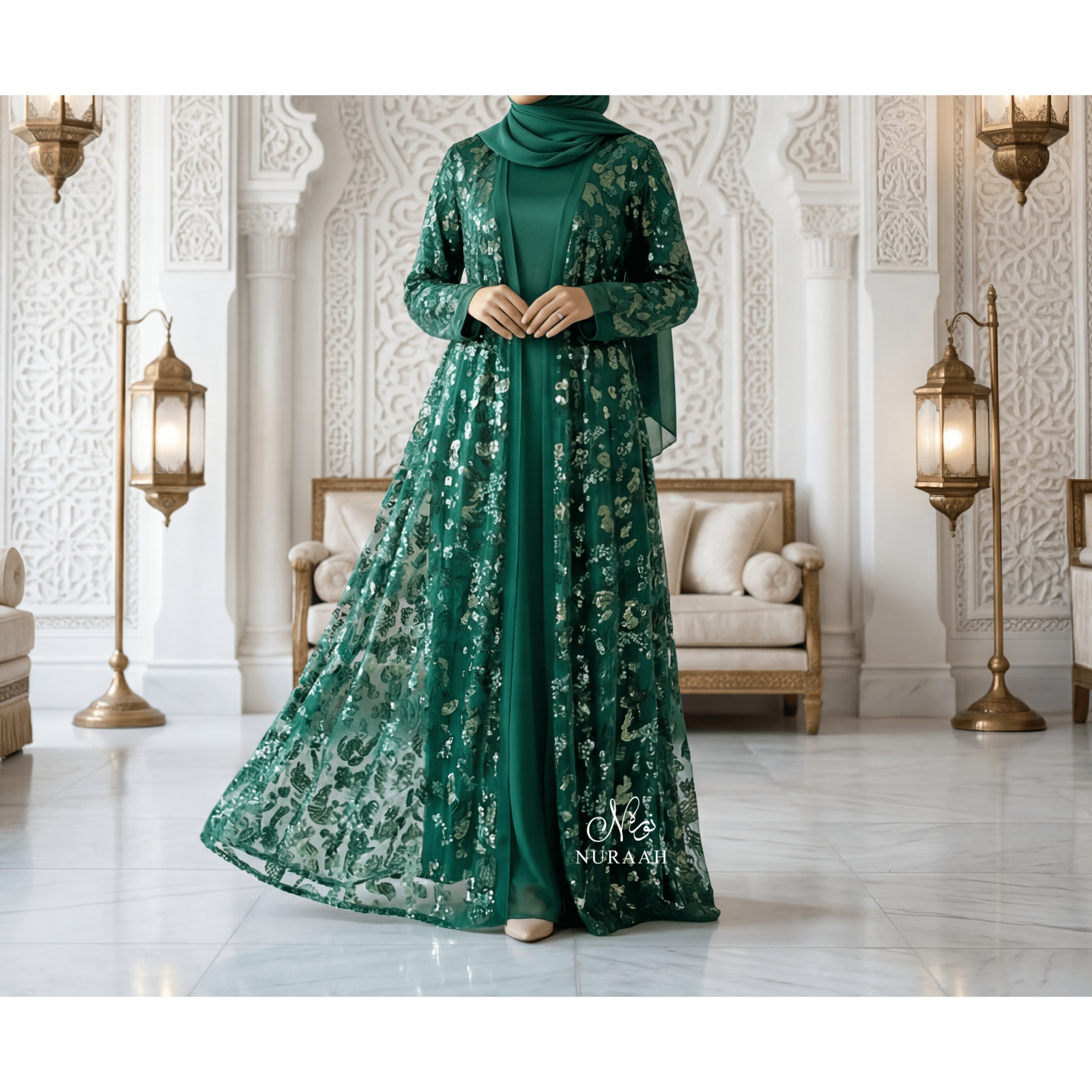 HIBA EMBELLISHED NET LACE ABAYA SET BOTTLE GREEN - NURAAH