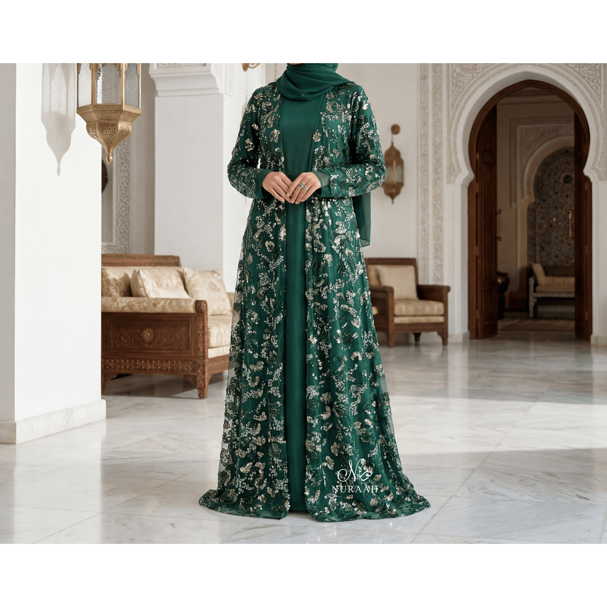 HIBA EMBELLISHED NET LACE ABAYA SET BOTTLE GREEN - NURAAH