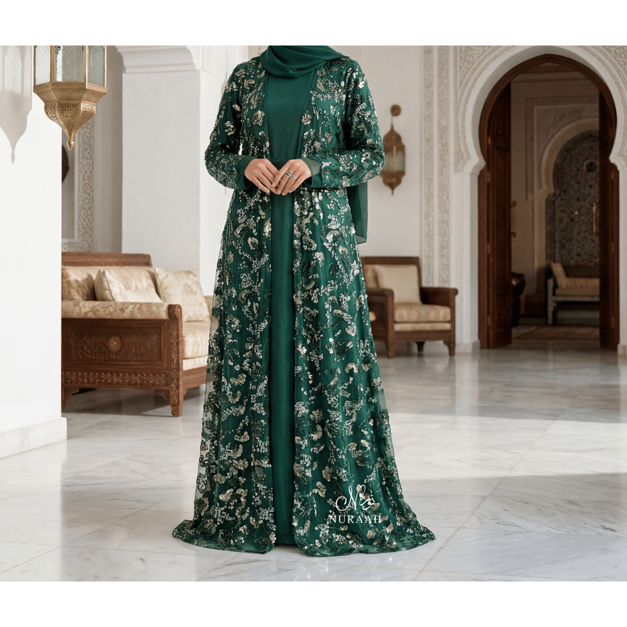 HIBA EMBELLISHED NET LACE ABAYA SET BOTTLE GREEN - NURAAH