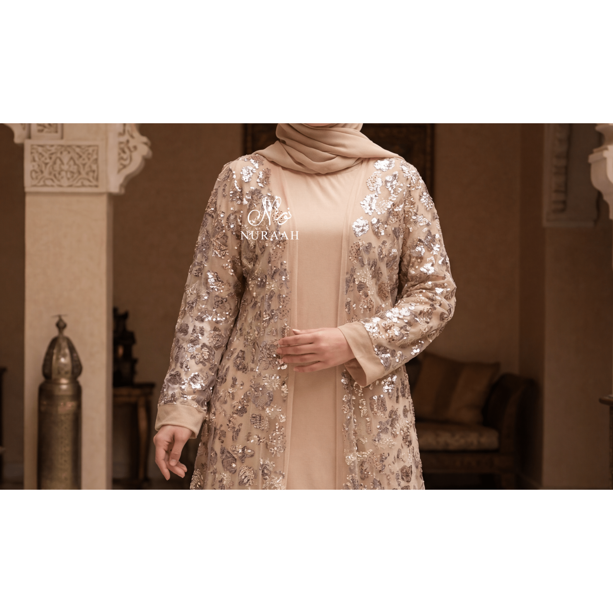 HIBA EMBELLISHED NET LACE ABAYA SET GOLD - NURAAH