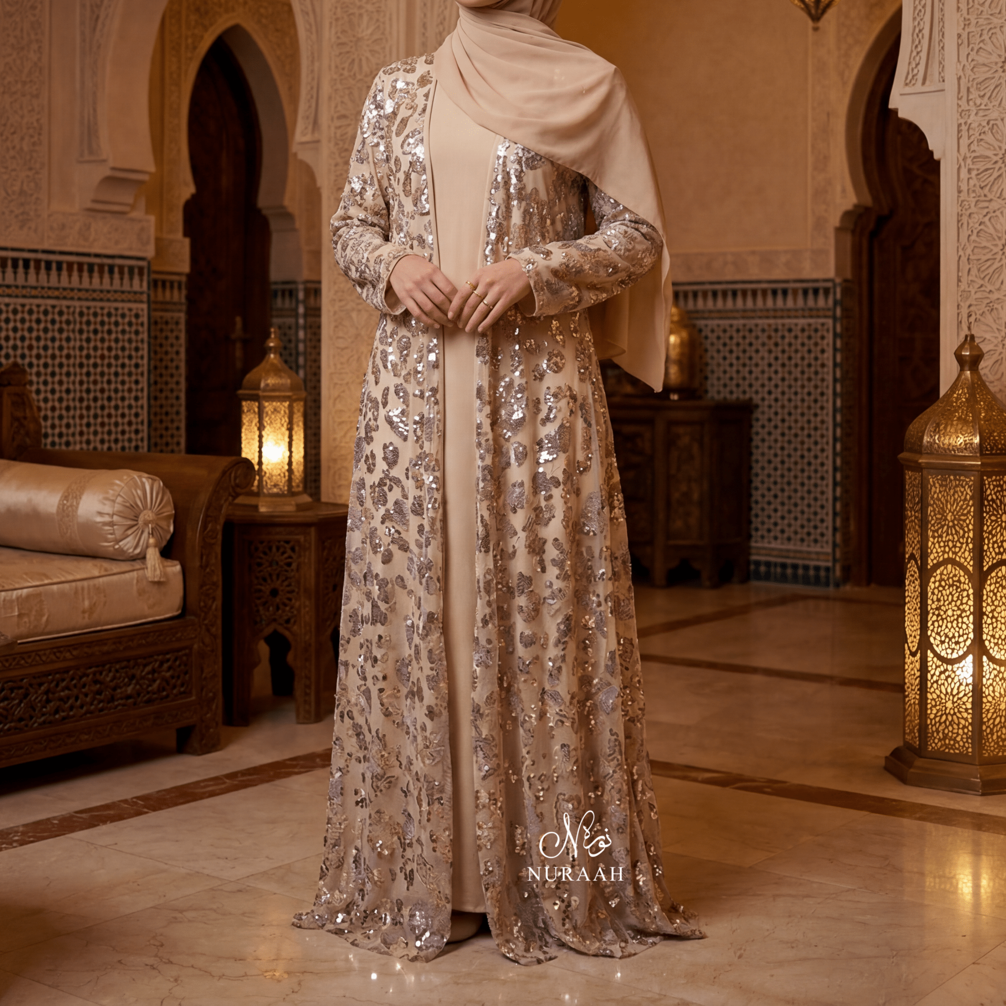 HIBA EMBELLISHED NET LACE ABAYA SET GOLD - NURAAH