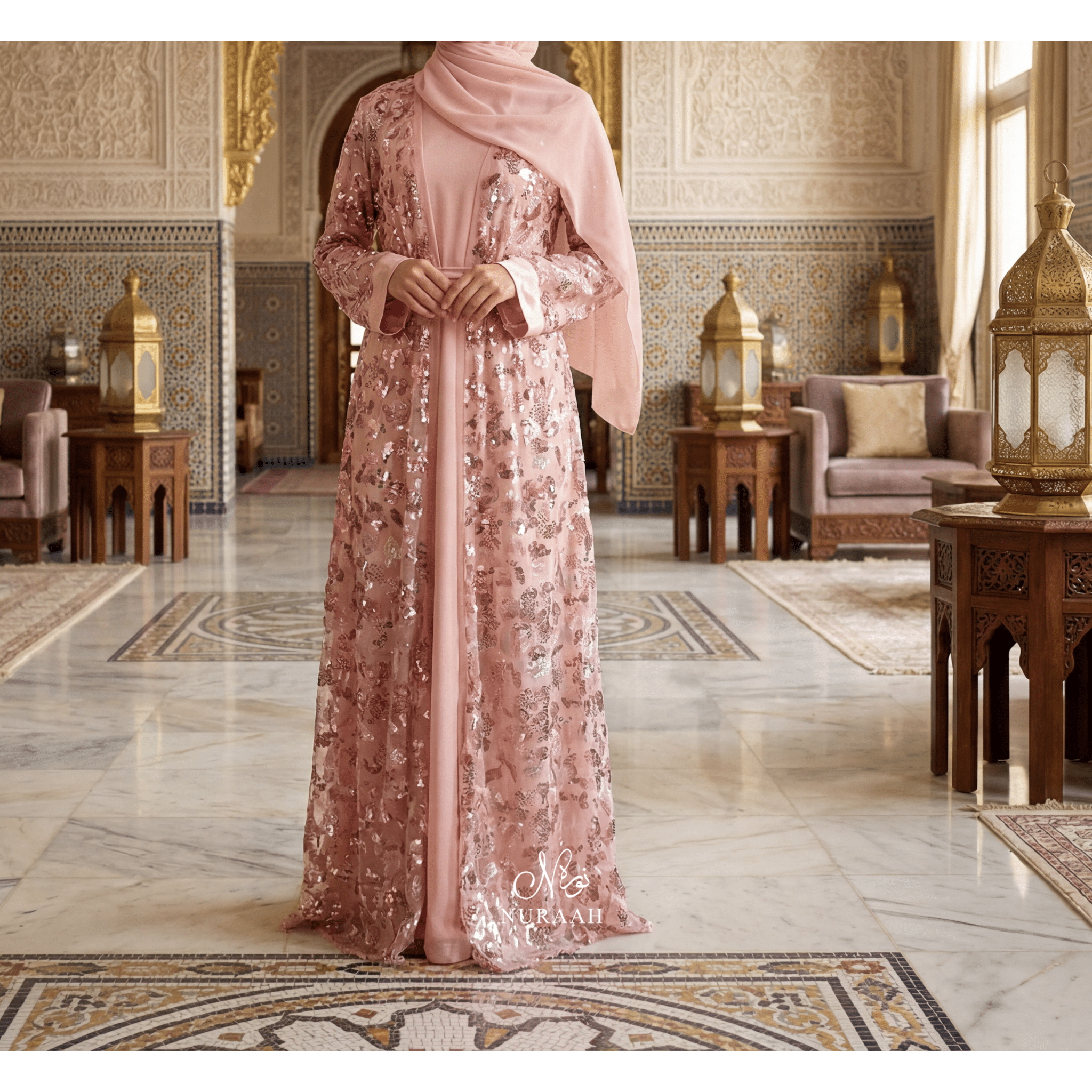 HIBA EMBELLISHED NET LACE ABAYA SET PEACH 01 - NURAAH
