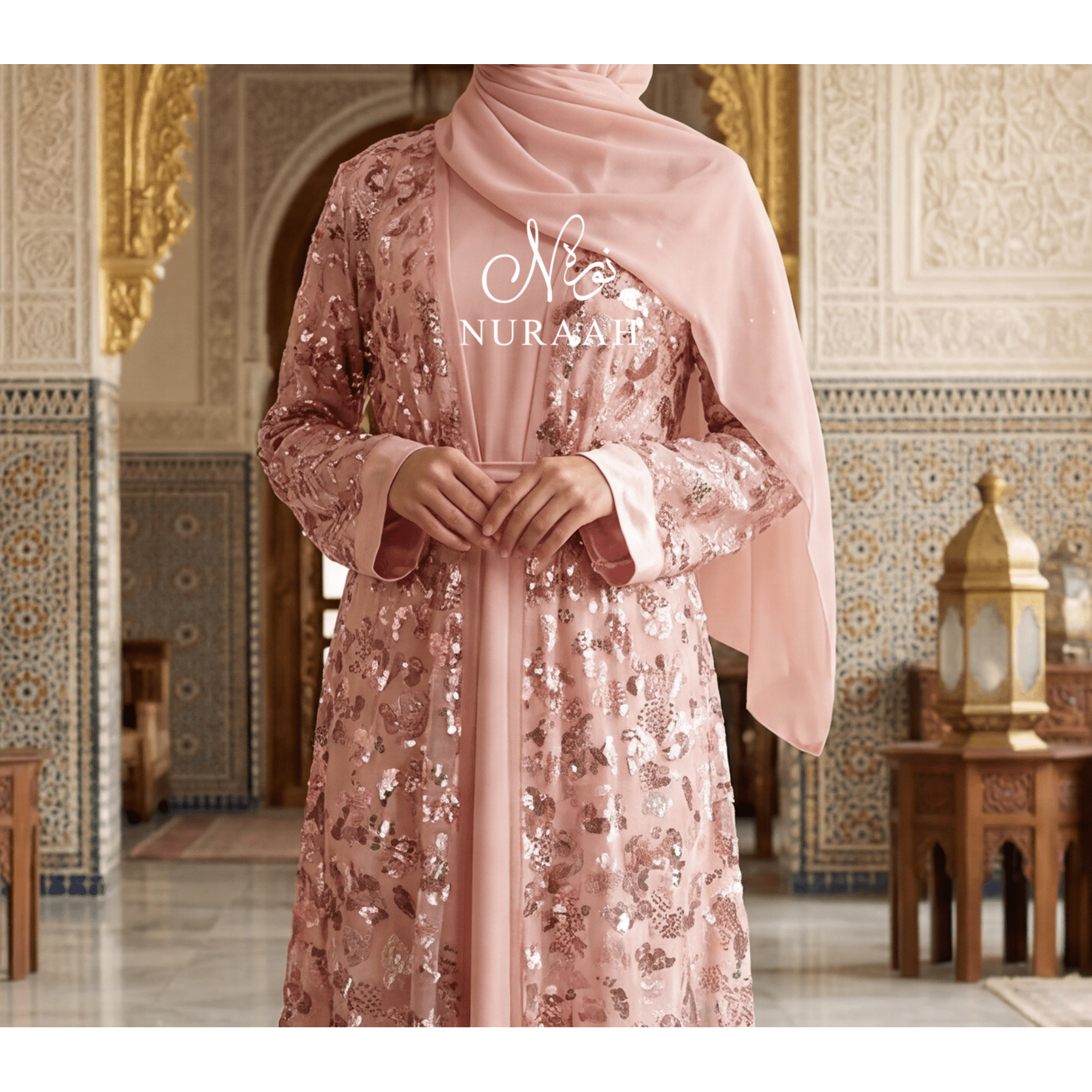 HIBA EMBELLISHED NET LACE ABAYA SET PEACH 01 - NURAAH