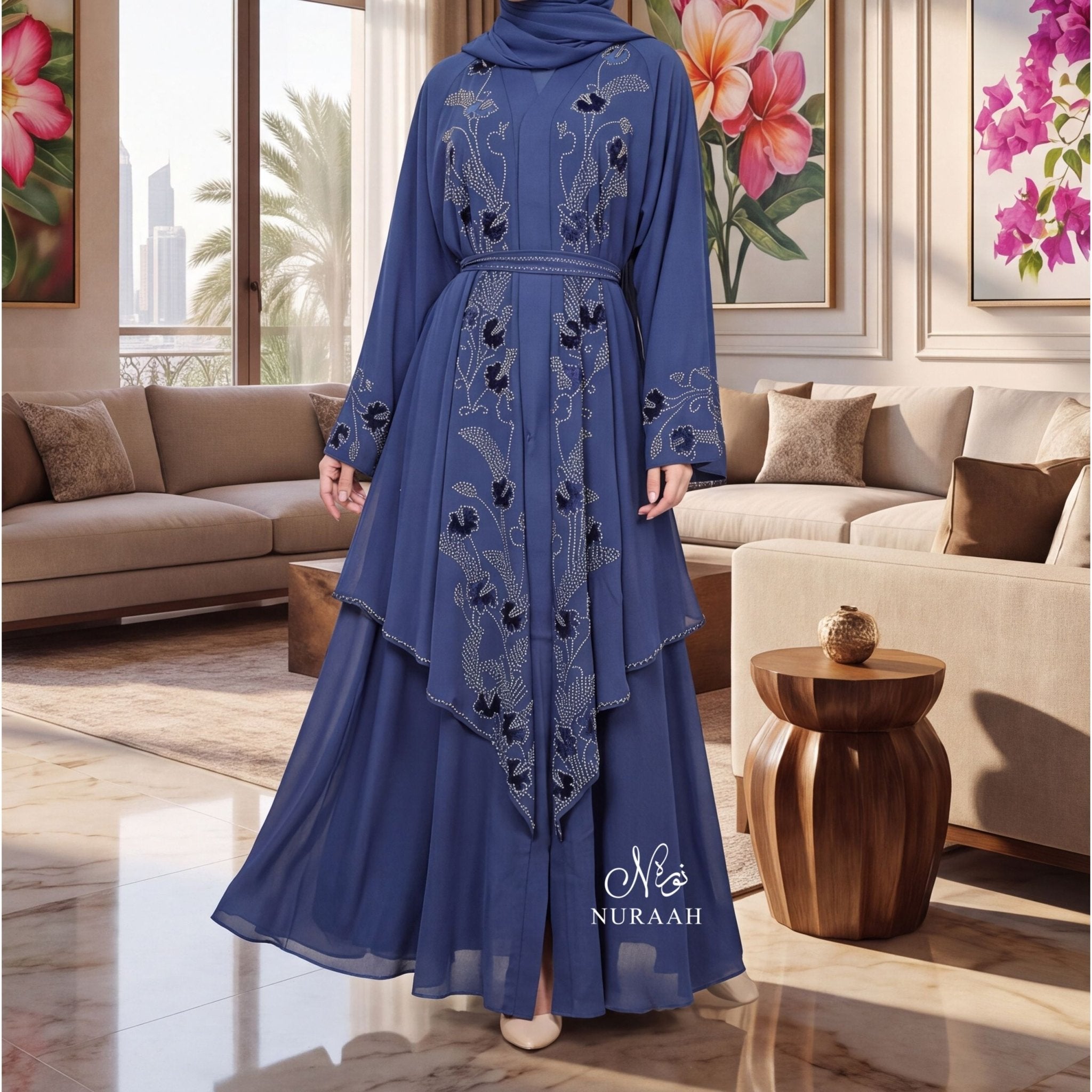 Isla Embellished Abaya with Hijab - NURAAH