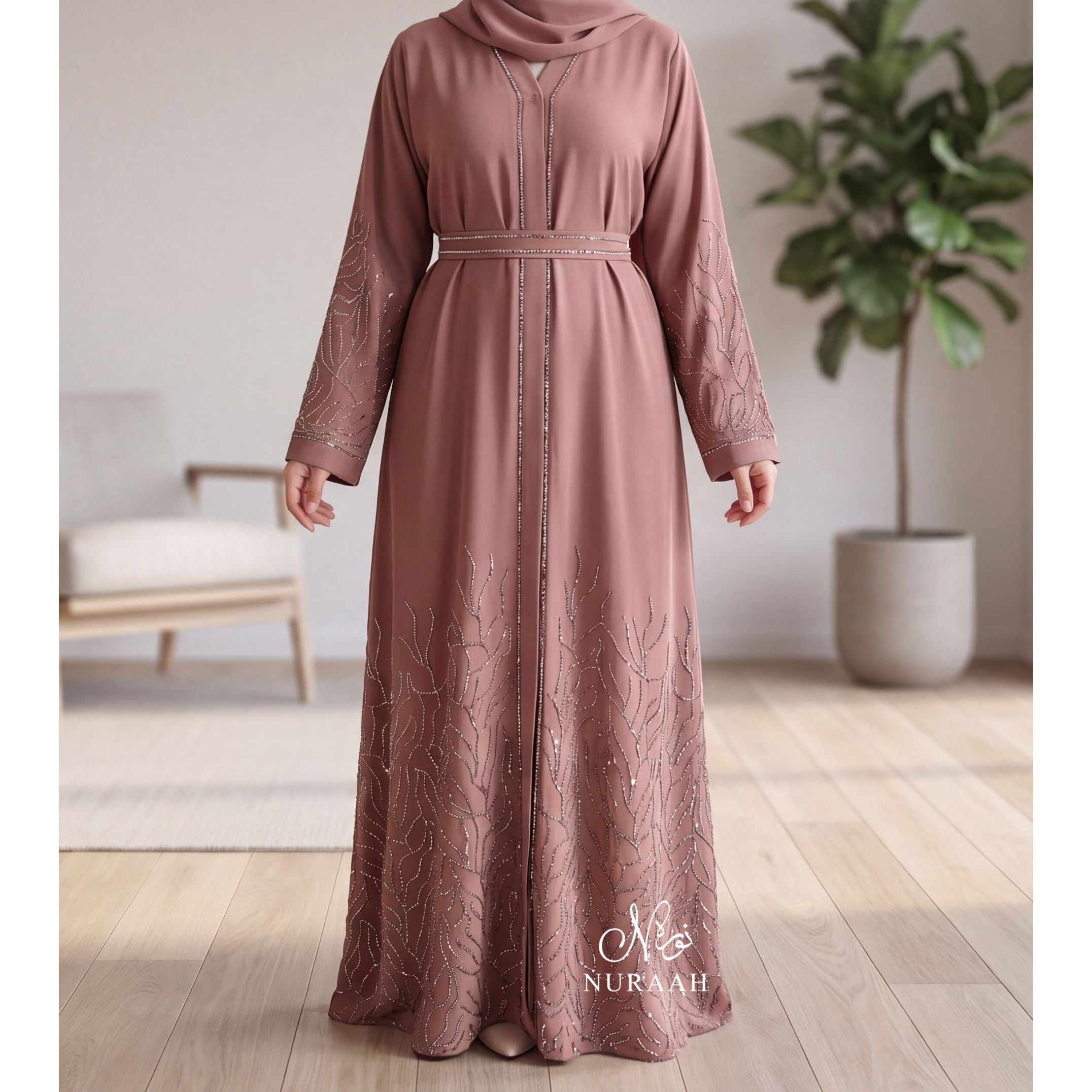LAIBA EMBELLISHED CLOSED ABAYA (with scarf and belt) 03