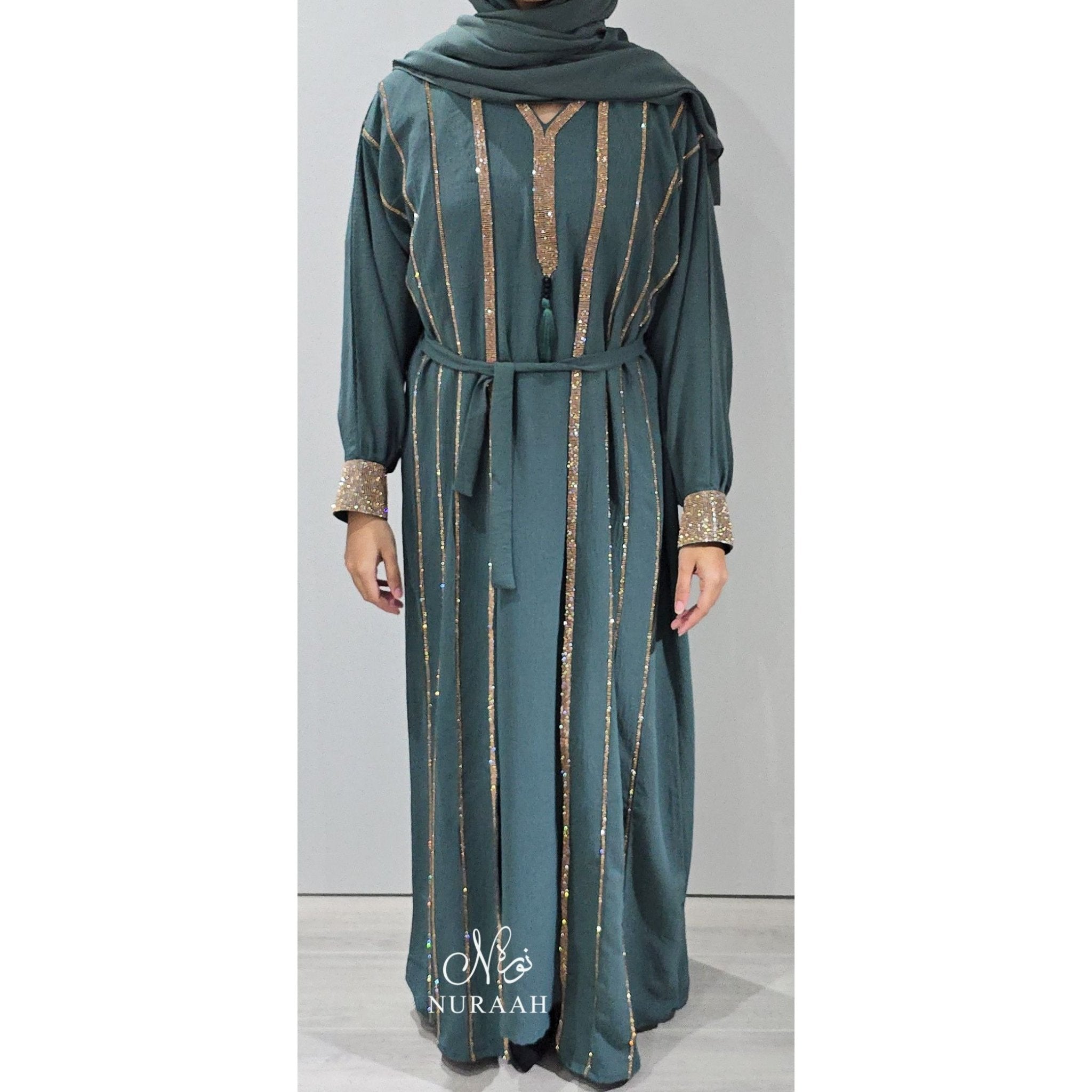 MARWA EMBELLISHED 4 PIECE ABAYA SET (with a separate slip) JADE GREEN 02 - NURAAH