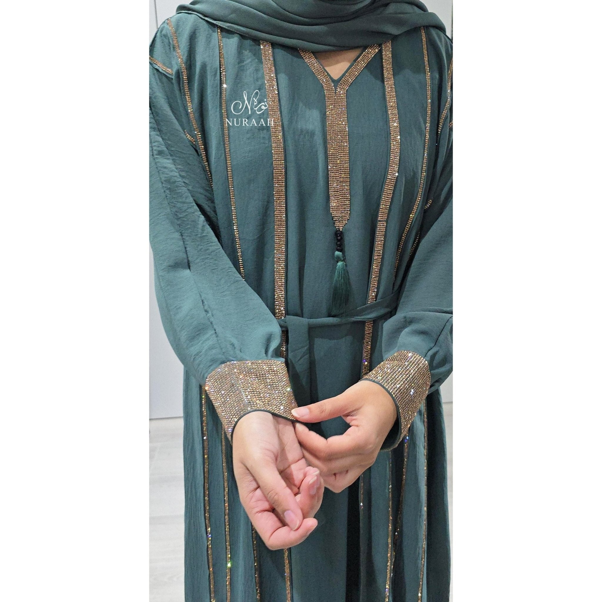 MARWA EMBELLISHED 4 PIECE ABAYA SET (with a separate slip) JADE GREEN 02 - NURAAH