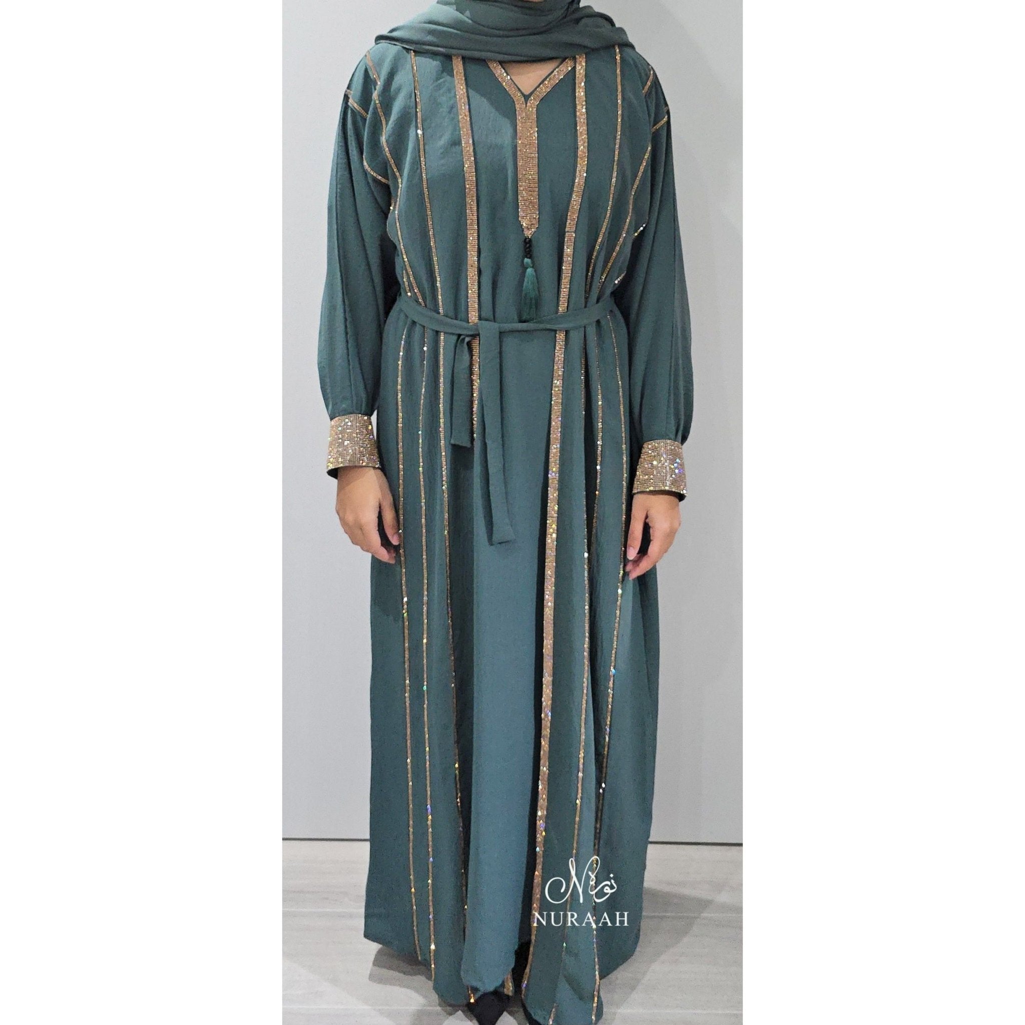 MARWA EMBELLISHED 4 PIECE ABAYA SET (with a separate slip) JADE GREEN 02 - NURAAH