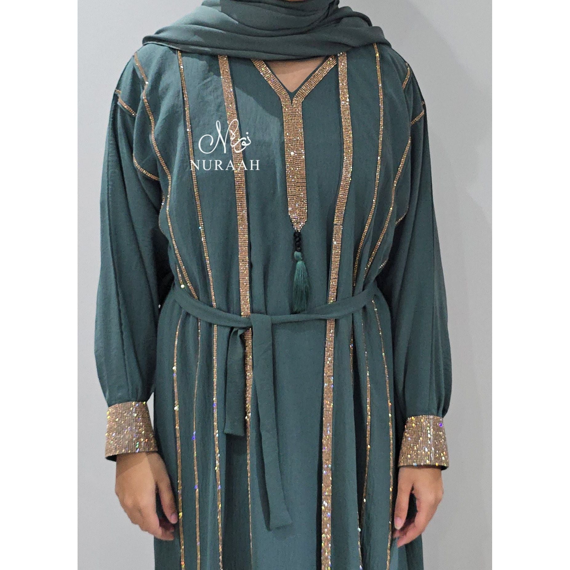 MARWA EMBELLISHED 4 PIECE ABAYA SET (with a separate slip) JADE GREEN 02 - NURAAH