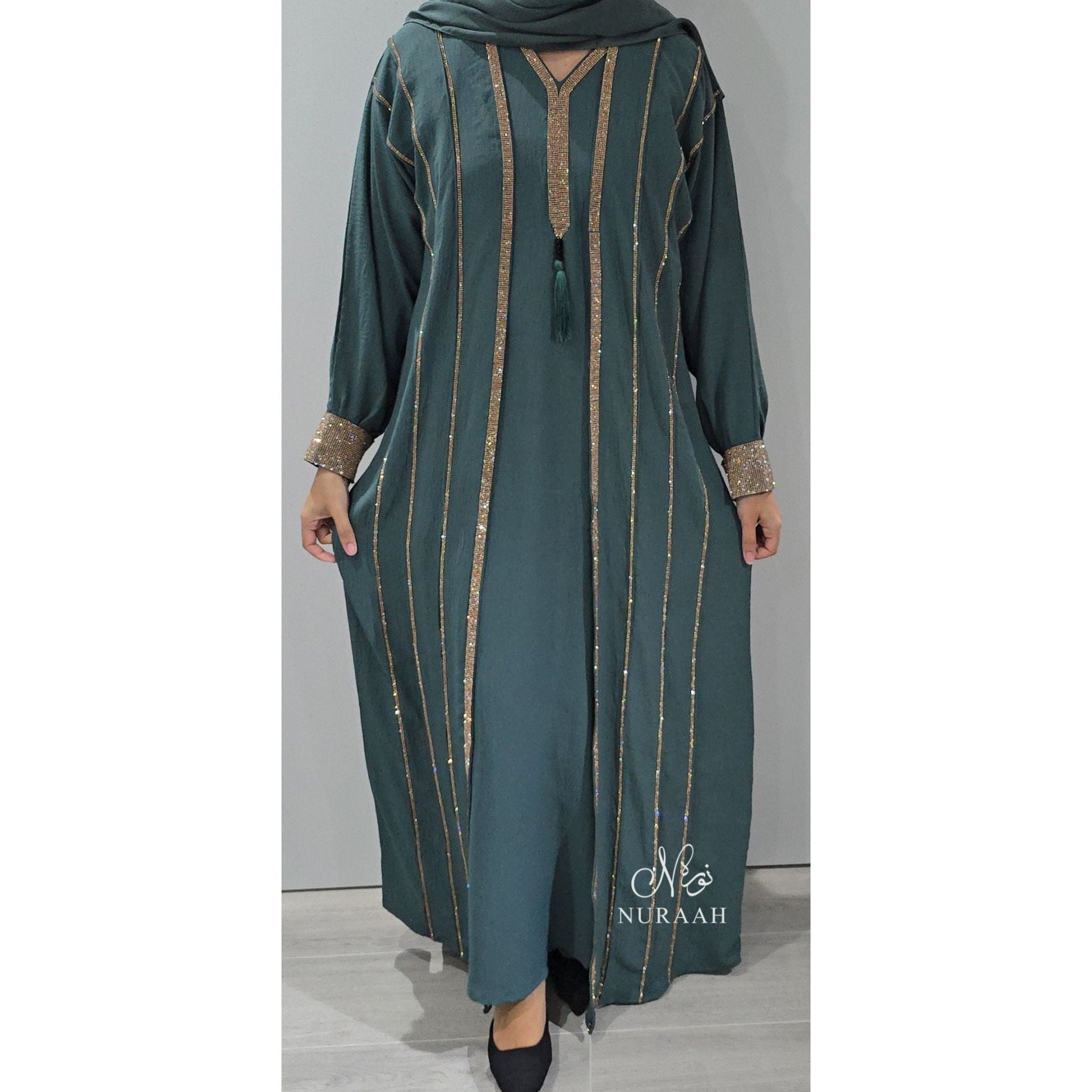 MARWA EMBELLISHED 4 PIECE ABAYA SET (with a separate slip) JADE GREEN 02 - NURAAH
