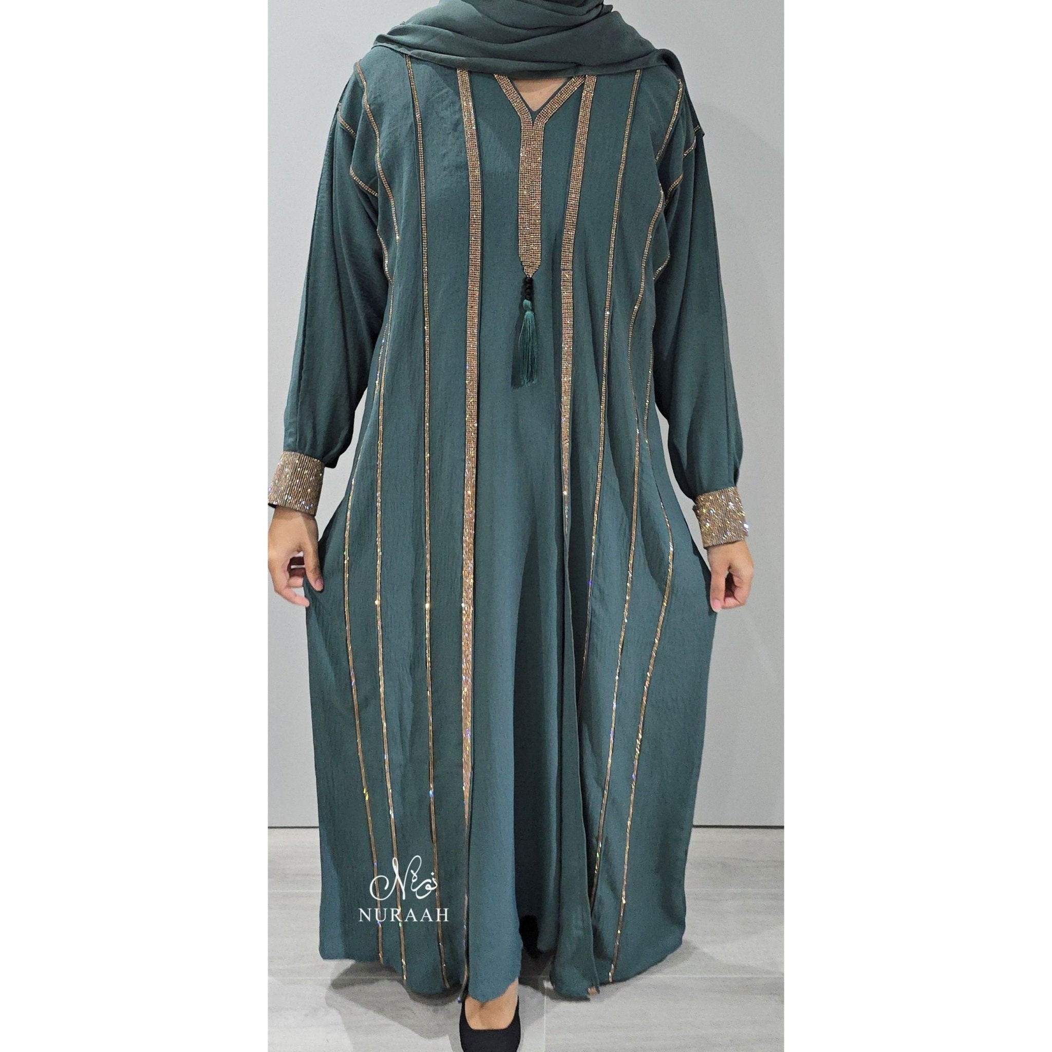 MARWA EMBELLISHED 4 PIECE ABAYA SET (with a separate slip) JADE GREEN 02 - NURAAH