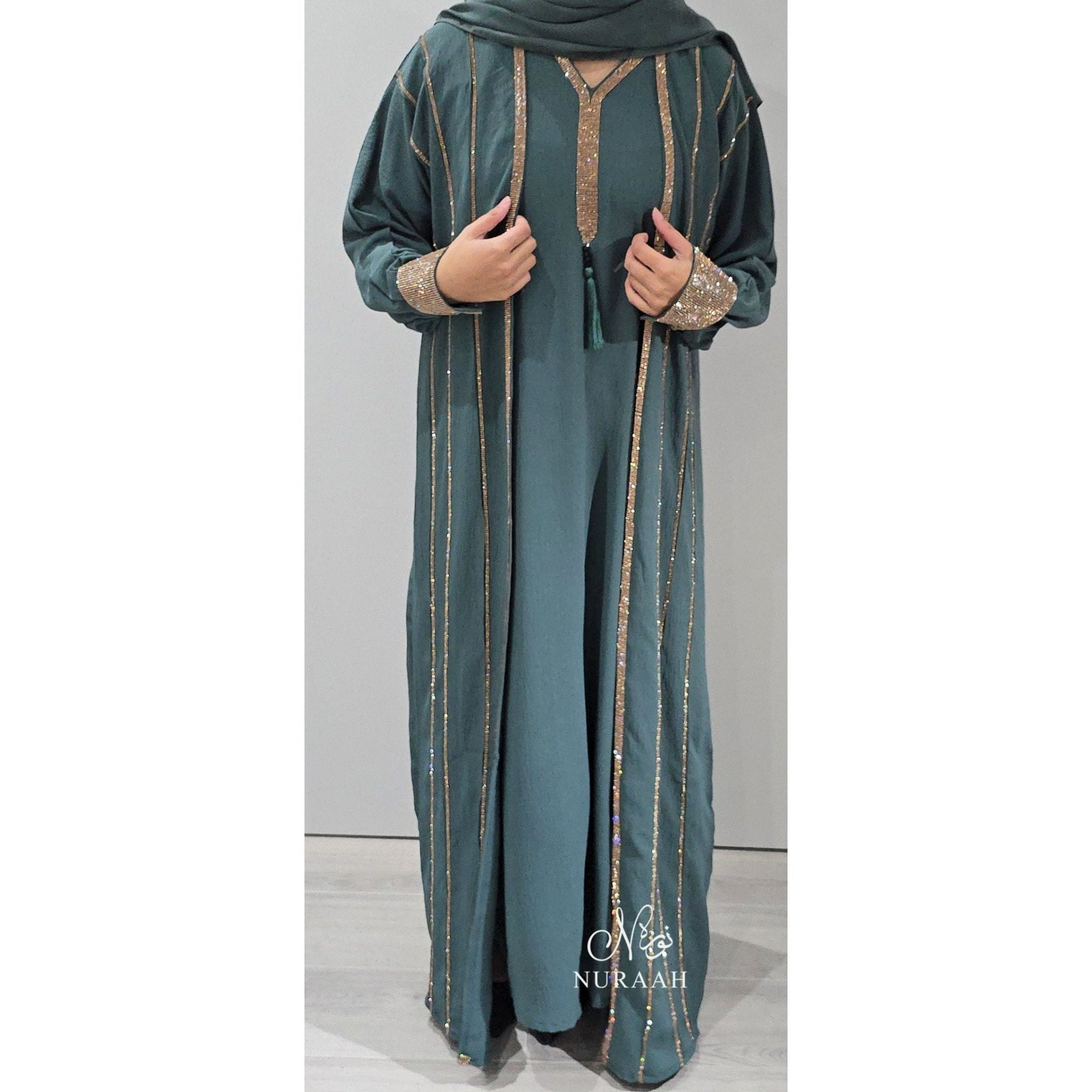 MARWA EMBELLISHED 4 PIECE ABAYA SET (with a separate slip) JADE GREEN 02 - NURAAH
