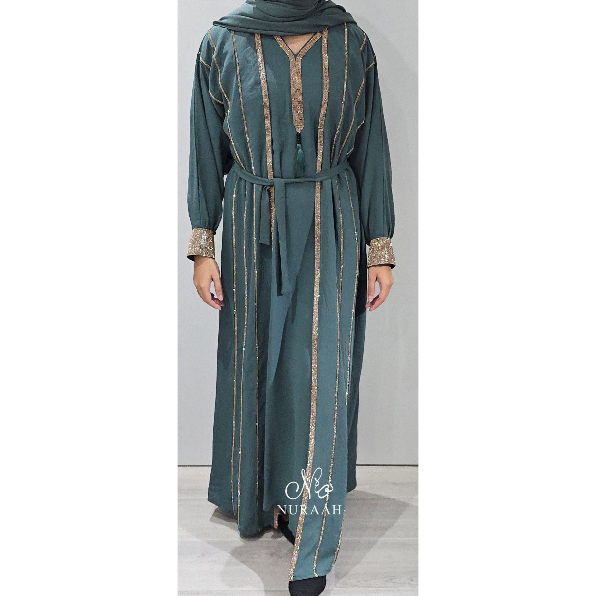 MARWA EMBELLISHED 4 PIECE ABAYA SET (with a separate slip) JADE GREEN 02 - NURAAH